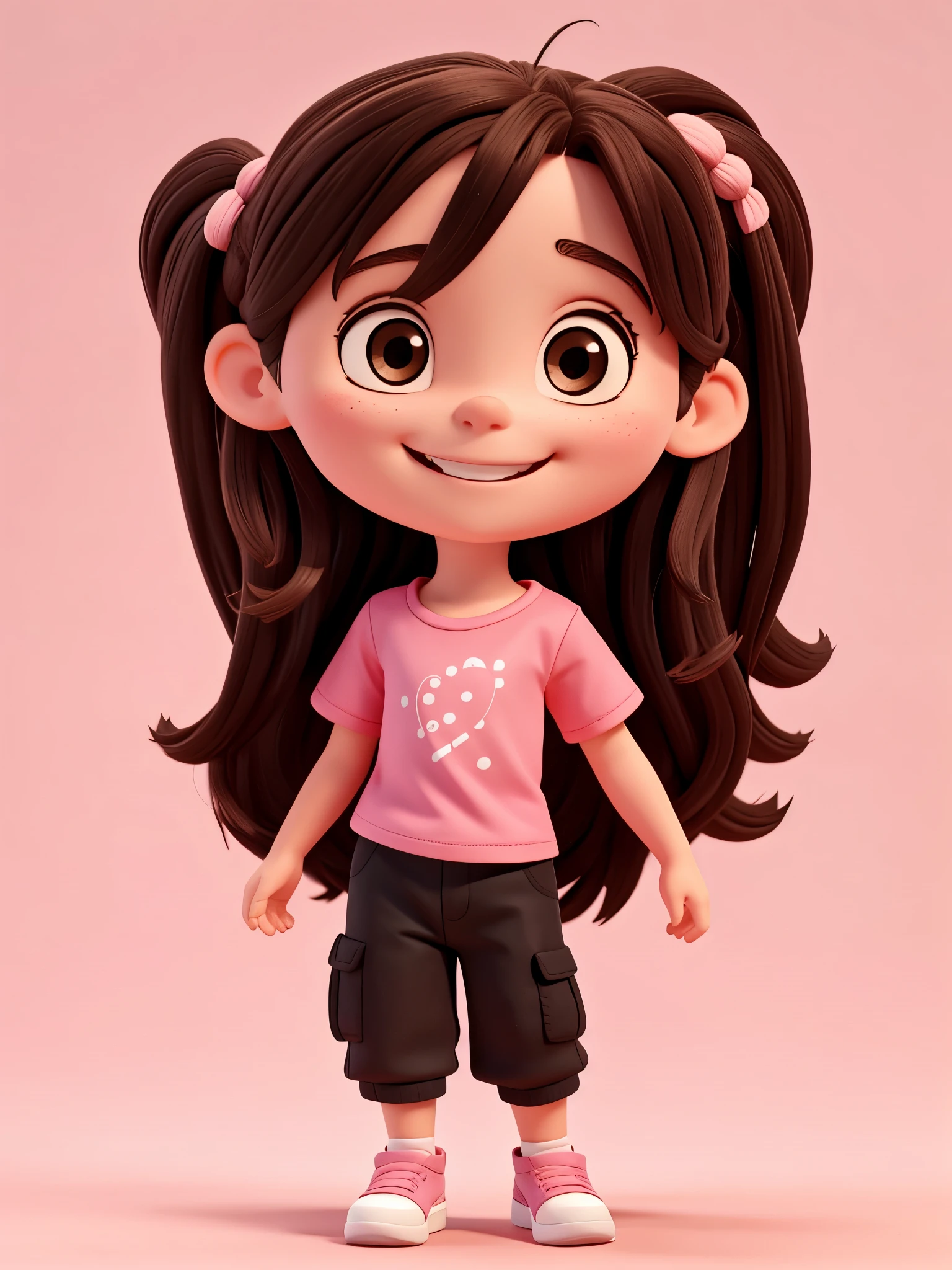 4 year old white child, black eyes, long brown hair, hair in two braids, smiling and happy, wearing a pink t-shirt, black pants and white sneakers