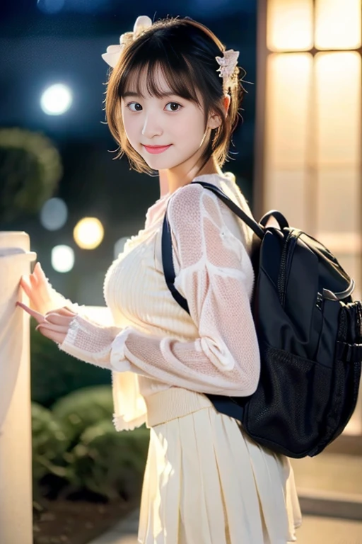 (((masterpiece))), (((Full body photo,is standing)),(One beautiful Japan girl, Innocence,kawaii) ,超A high resolution, Realistic, ultra-detailliert, 8K,top-quality, Extremely detailed, blurry backround,A slender,small tits,very beautiful japanese girl, Detailed face:1.3), (Short hair like a boy,A dark-haired :1.4), (a baby face,kawaii系,adorable 10 year old girl), (Perfect body:1.1), (White sheer cardigan,Light brown pleated mini skirt), Detailed face smiling shyly、Detailed lips、Detailed Big Eyes、small gravure idol,Transparent skin、ta,carrying a small black backpack,a dark night, In front of the house,Moonlit face、Cold air,Fantastic air