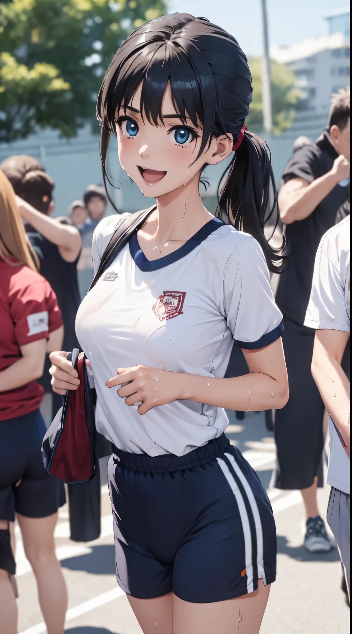 1womanl,Golden hair,14 year old beautiful breasts,(((Sexy white and blue shiny short sleeve gym clothes and shorts、Smile with open mouth)),((())),((( portlate))),Crowds,Shiny white short-sleeved gym uniform and blue shorts,(Wet with sweat),((athletic field)),((see -through)),outside of house,(((clothes shiny))),Beautiful ponytail,Bra that can be seen through the tee shirt