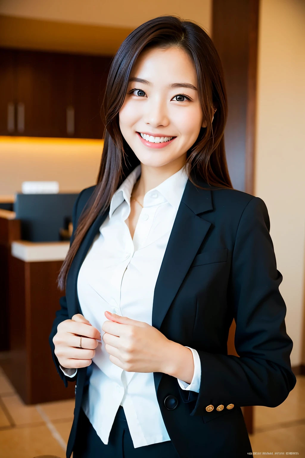 Natural light, Girl in hotel black suit smiling at hotel reception, (Best Quality, masutepiece: 1.2), Woman