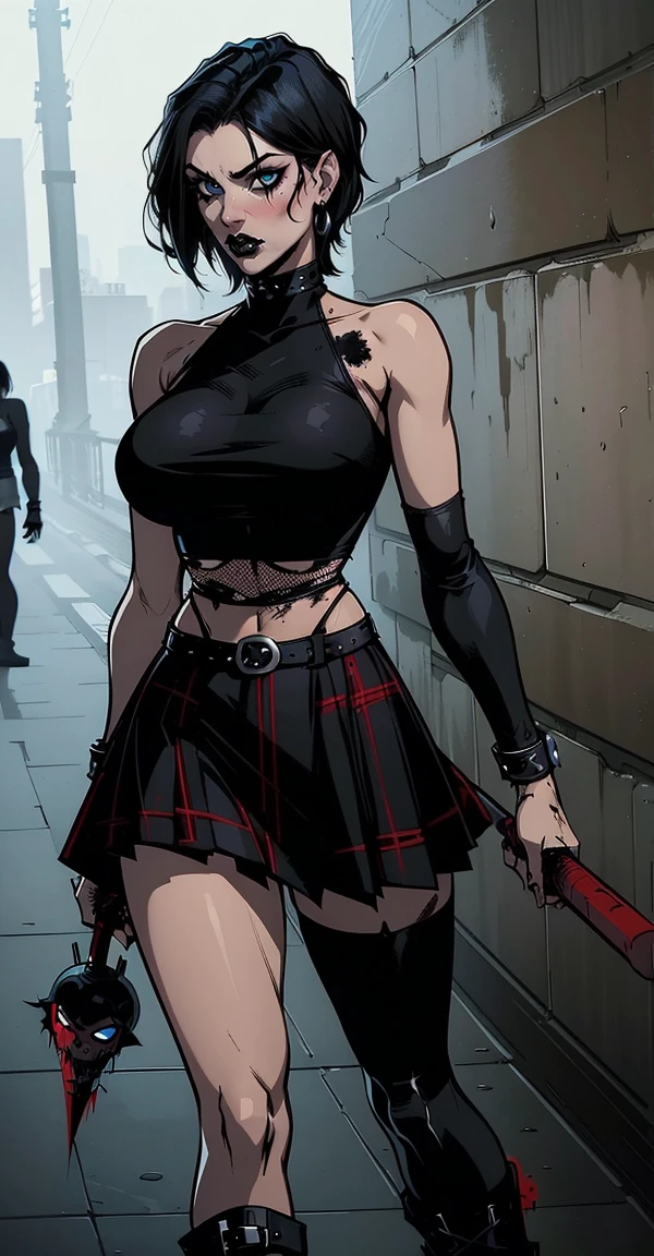 a woman with short black hair, hair on shoulders, wearing a black cropped and plaid skirt, blue eyes, zombie art, gothic art, cute aesthetic with vibe, toon aesthetic, wearing red costume, wearing gothic accessories,  Cassie Hack,  hack/slash comic. wearing long red socks and black boots, whole body, walking on the floor