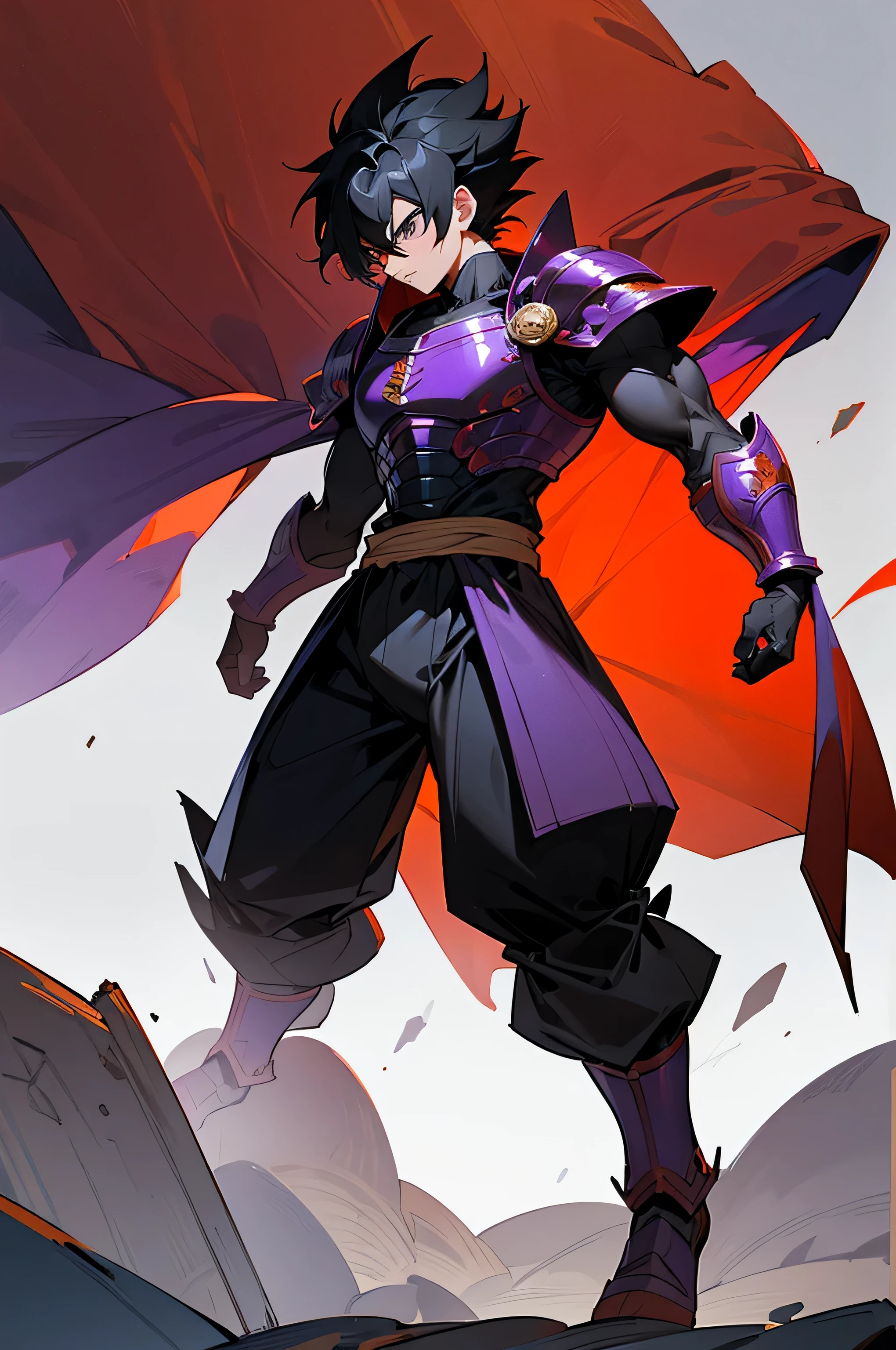 1male, young, black hair, short length hair, black eyes, red beast armor chest plate, black fighting pants, forest, full body, buff muscular, saiyan hair, masterpiece, solo, best quality, finely detailed eyes, intricate details, black and purple cape, detailed image