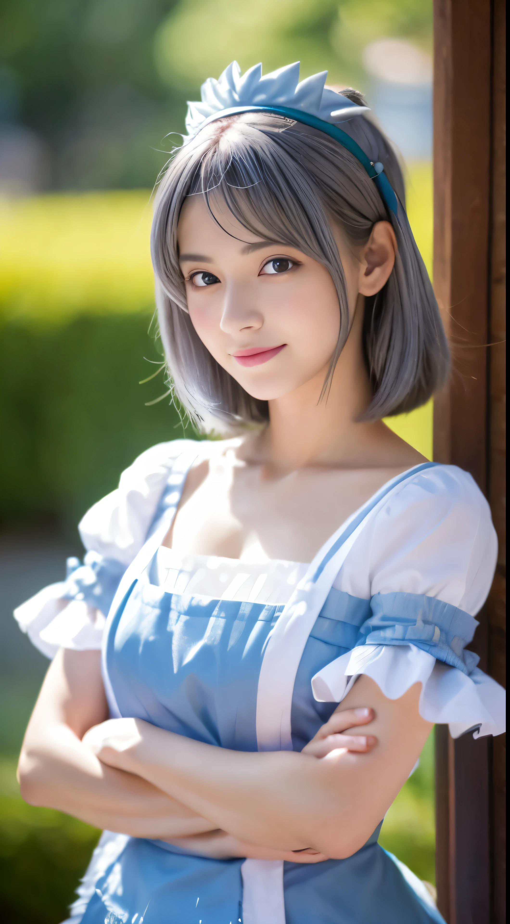 high-definition picture,Details of face,((16. Knights of Sakitani)), ((Touhou Project)), Cosplay, 20-year-old woman, (((Gray hair)), ((Medium spiky hair)), ((Blue Maid Outfit)), ((White blouse)), midchest, (light)))), (Actress pose))), (photographrealistic: 1.3), rim lighting, (High Detail Skin:1.2), 8K UHD, Digital SLR, High quality, High resolution, 4K, 8K, Best ratio four fingers and one thumb, (Details of faceリアル:1.3), Cute One Girl, Full body high-definition painting,