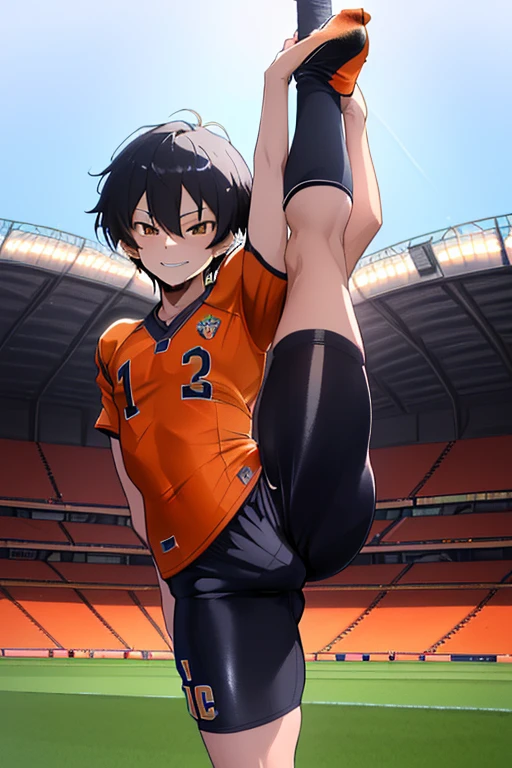 (((superfine illustration,hight resolution, masutepiece, best qualtiy,Best Quality)))、hightquality, detaileds, (A ),12 years oace striker with a super cute face,A boy as beautiful as Planding, Cool handsome face with smile, soccer spike, Long legs, thighs thighs thighs thighs, Foots, Bulge, (Black hair、Spiky hairstyle)、Shiny hair, (tight shiny orange soccer uniform suit), (tight and shiny soccer shorts), (Soccer Socks), tussock, Cool pose, (厚いthighs thighs thighs thighs、Seduce your big ass to your crotch)、(((Football Stadium:1.2)))、((cocky、))、Smirk、(((standing split:1.4))),Ultra-fine painting, (Best Quality, 4K, 8K, hight resolution, masutepiece),((detailedsな目))、kawaii eyes、I-shaped balance、raise leg、(((正確でdetailedsな脚:1.4))),