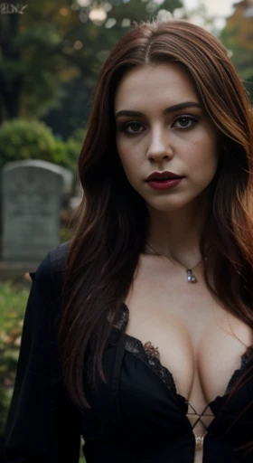 (best quality,ultra-detailed,photorealistic),young woman vampire queen,beautiful bright red eyes, detailed lips, green lipstick, vampire like makeup, pensive expression, soft lighting,vibrant colors, long flowing Reddish hair, stylish vampire outfit, cemetery background, dark night,serene atmosphere, hourglass figure, 4k details, erotic face, full body pose, shown vampire teeth