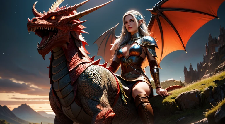 best quality) (HDR) (Ultra high detail) beautiful woman with dragon scales and body tattoos sitting on top of the head of a red dragon, (dragonlance) (D&D)enchanted mountain setting, amber eyes, fantasy, 4k, 3D