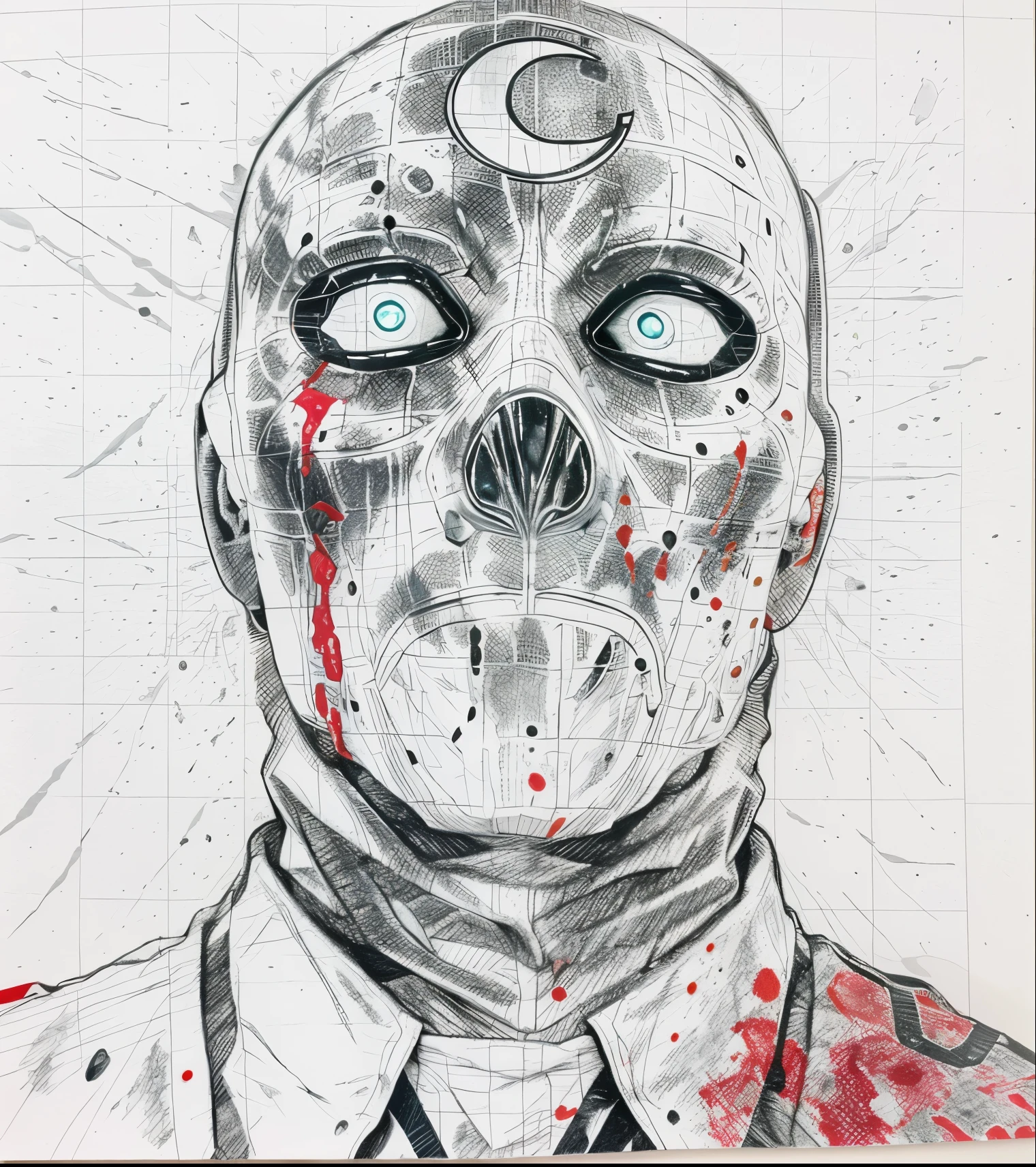 a close up of a drawing of a man with a bloody face, moon knight, moon knight, with no face, twisted god with no face, ghost mask, viscera splattered, photo of scp-173, white mask, highley detailled face, twoface, no face, inspired by Mike Mignola, image comics