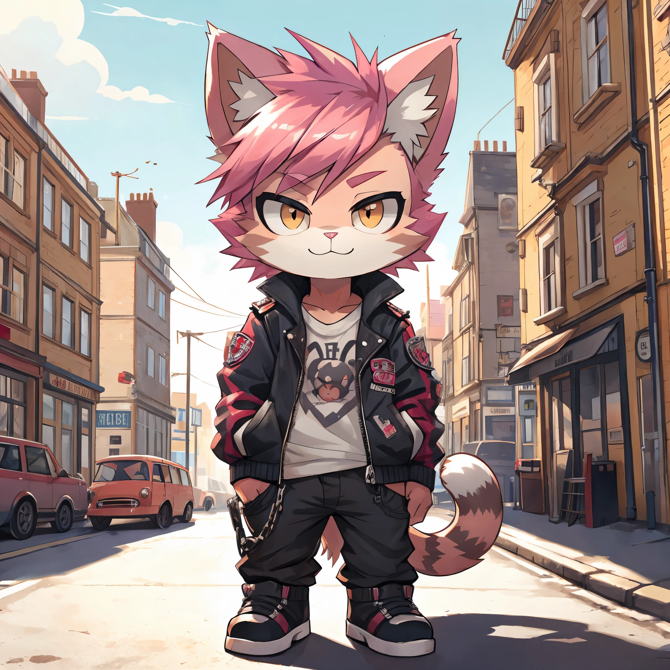Cat dressed as a punk with pink hair, chibi, standing, background red double decker bus in britain, stunning style