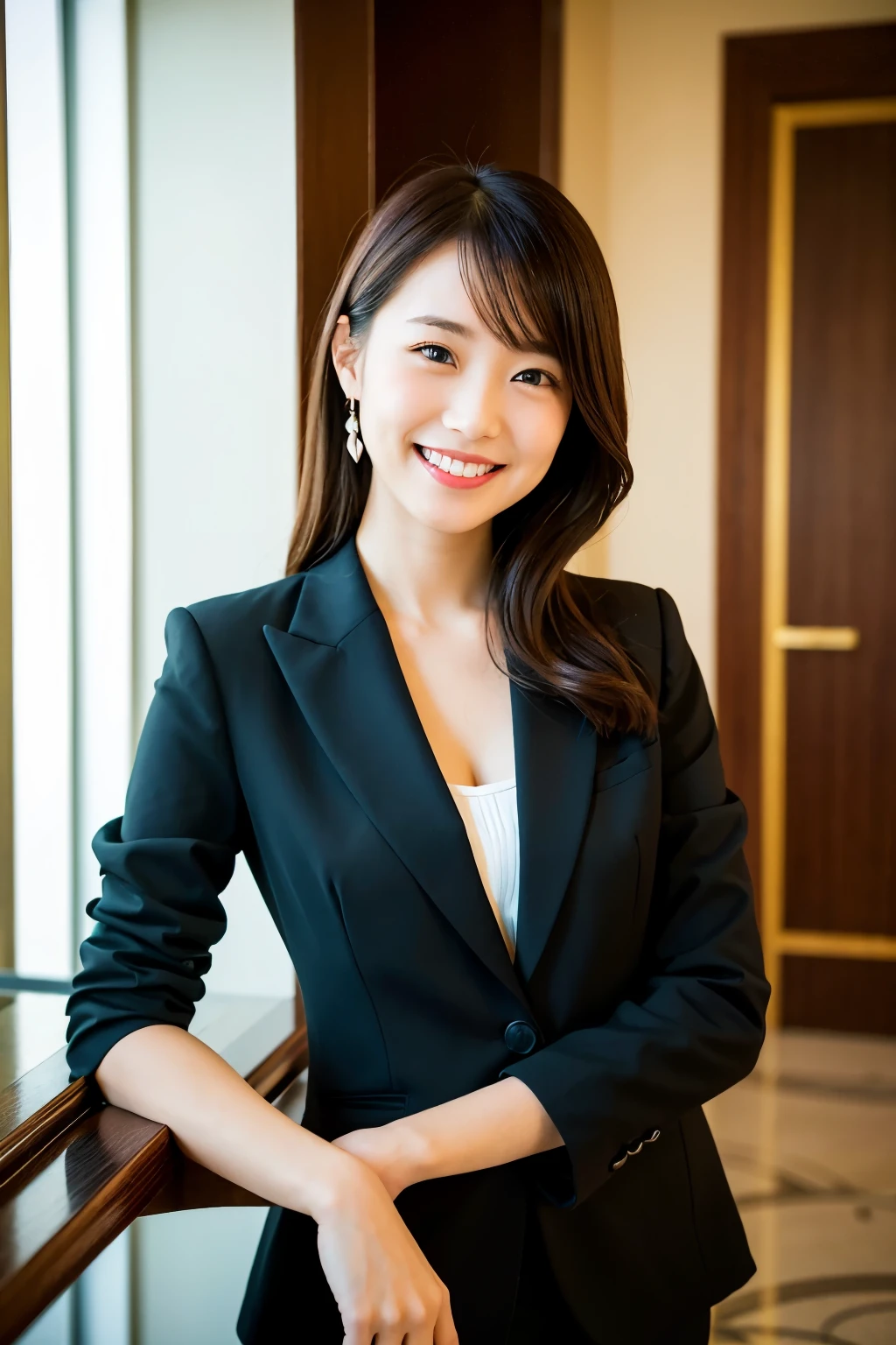 Natural light, Girl in hotel black suit smiling at hotel reception, (Best Quality, masutepiece: 1.2), Woman
