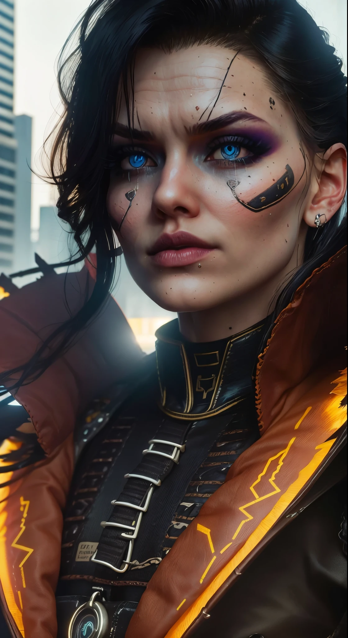 (best quality, highres, vivid colors), (cyberpunk:1.2), (portrait:1.1), (futuristic:0.9), (long dark hair), (intense gaze), (smoky eye makeup), (piercing blue eyes), (metallic armor), (high-tech accessories:1.1), (glowing tattoos), (cityscape background), (neon lights), (dystopian atmosphere), (mysterious aura), (strong and confident posture), (magical powers), (dark and edgy), (fierce expression), (determination in her eyes), (powerful spellcasting), (electricity sparks), (enhanced cybernetic enhancements:1.2), (stylized weaponry), (futuristic fashion), (striking visual effects), (raindrops falling), (rebellious spirit), (sharp and detailed features), (steampunk elements), (cinematic composition), (dominant presence), (dynamic and energetic), (captivating beauty), (dark and alluring).