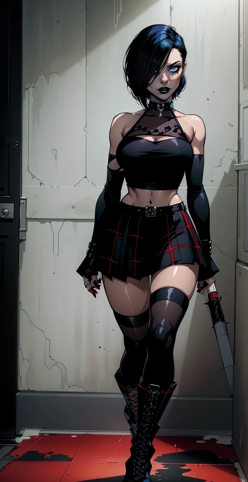 a woman with short black hair, hair on shoulders, wearing a black cropped and plaid skirt, blue eyes, zombie art, gothic art, cute aesthetic with vibe, toon aesthetic, wearing red costume, wearing gothic accessories,  Cassie Hack,  hack/slash comic. wearing long red socks and black boots, whole body, walking on the floor