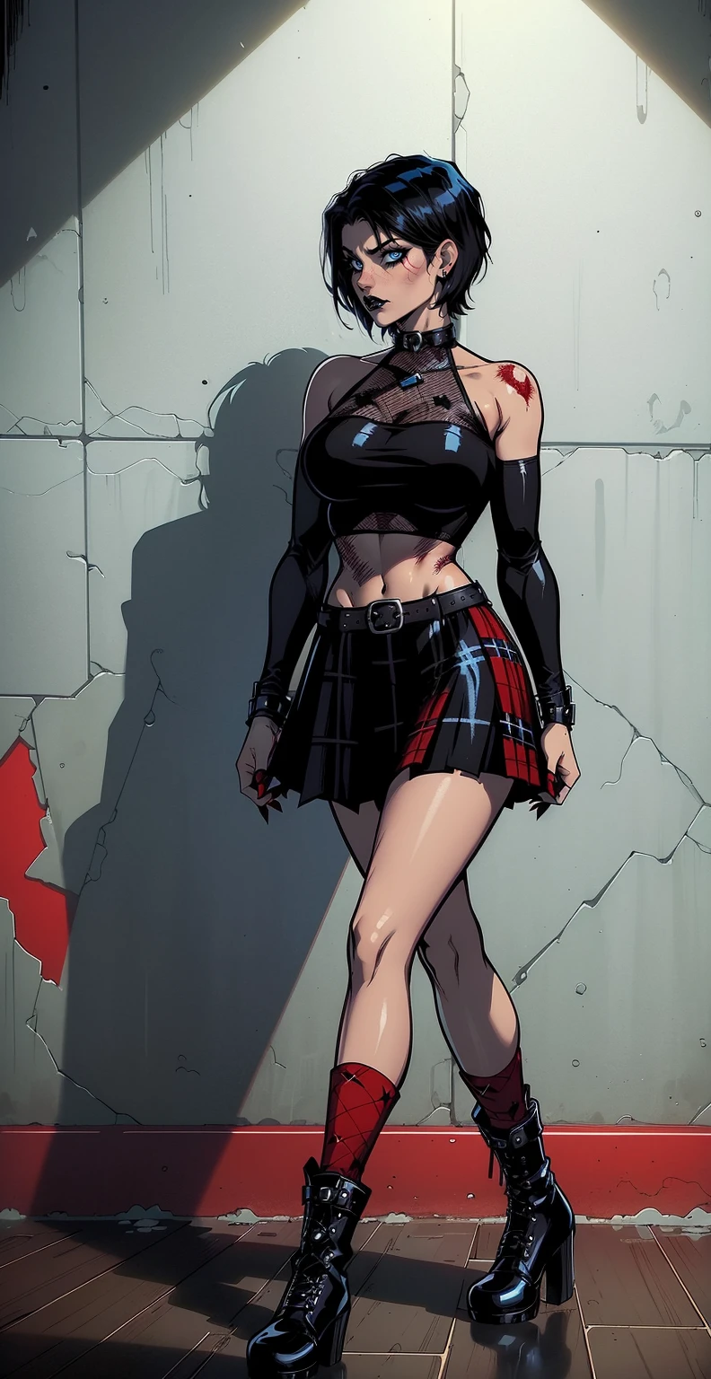 a woman with short black hair, hair on shoulders, wearing a black cropped and plaid skirt, blue eyes, zombie art, gothic art, cute aesthetic with vibe, toon aesthetic, wearing red costume, wearing gothic accessories, Cassie Hack, hack/slash comic. wearing long red socks and black boots, whole body, walking on the floor