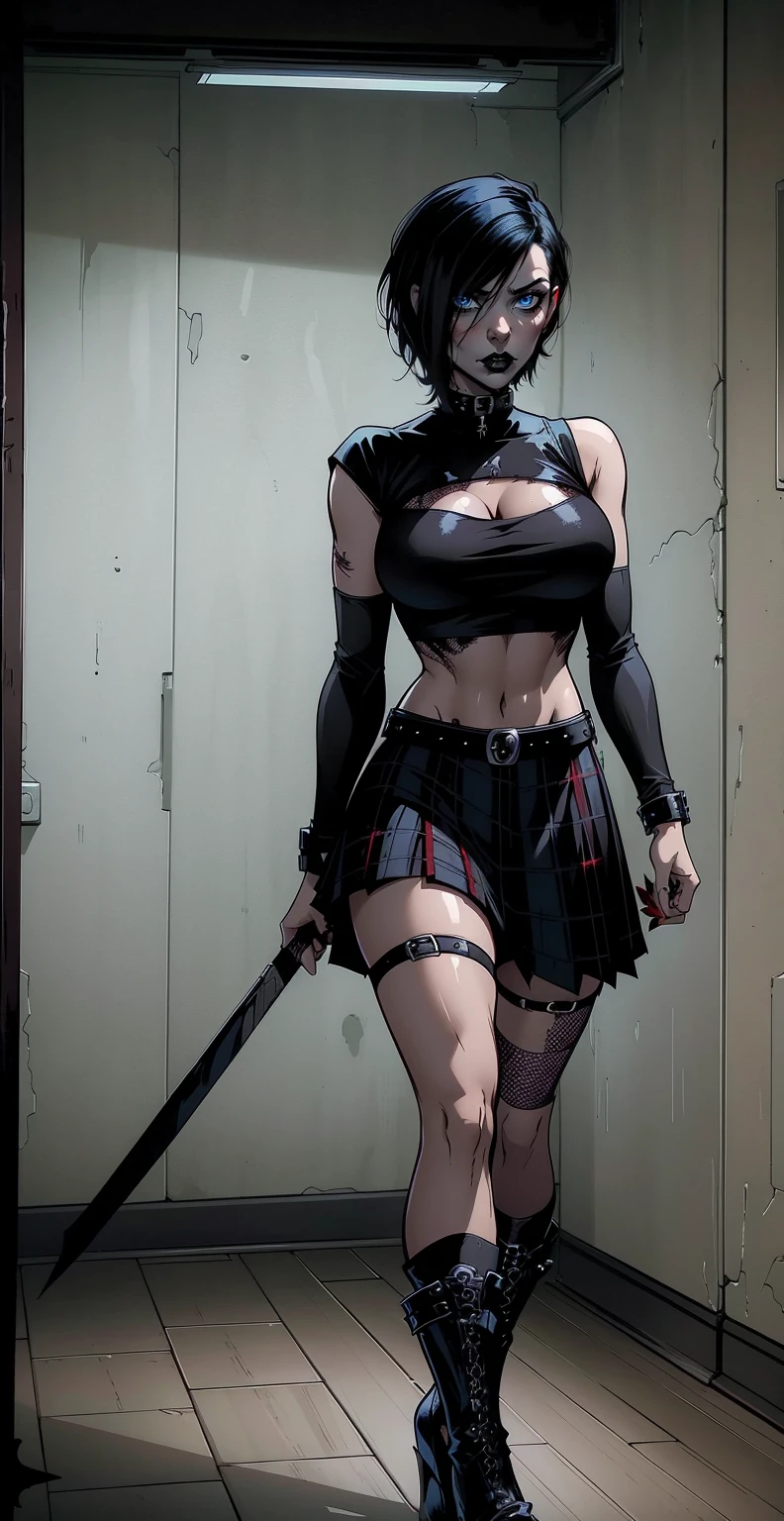 a woman with short black hair, hair on shoulders, wearing a black cropped and plaid skirt, blue eyes, zombie art, gothic art, cute aesthetic with vibe, toon aesthetic, wearing red costume, wearing gothic accessories, Cassie Hack, hack/slash comic. wearing long red socks and black boots, whole body, walking on the floor