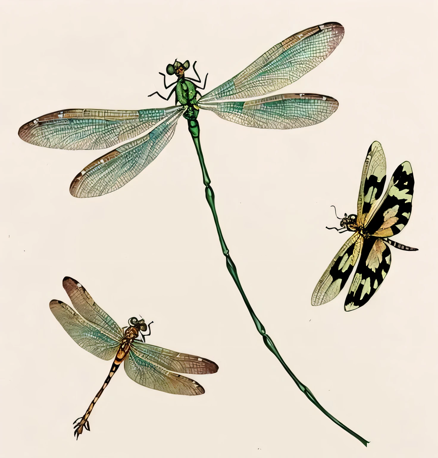 three dragonfly are sitting on a stem with a butterfly on it, winged insects and stems, dragonfly, dragonfly-like, that has the form of a dragonfly, illustratio, scientific illustratio, insects and birds, big leaves and large dragonfly, insects, Nature illustratio, mystical insects, author：Maria Sibylla Merian, dragonfly, dragonfly-shaped dragonfly，light toned，Wings light green，watercolor mix，