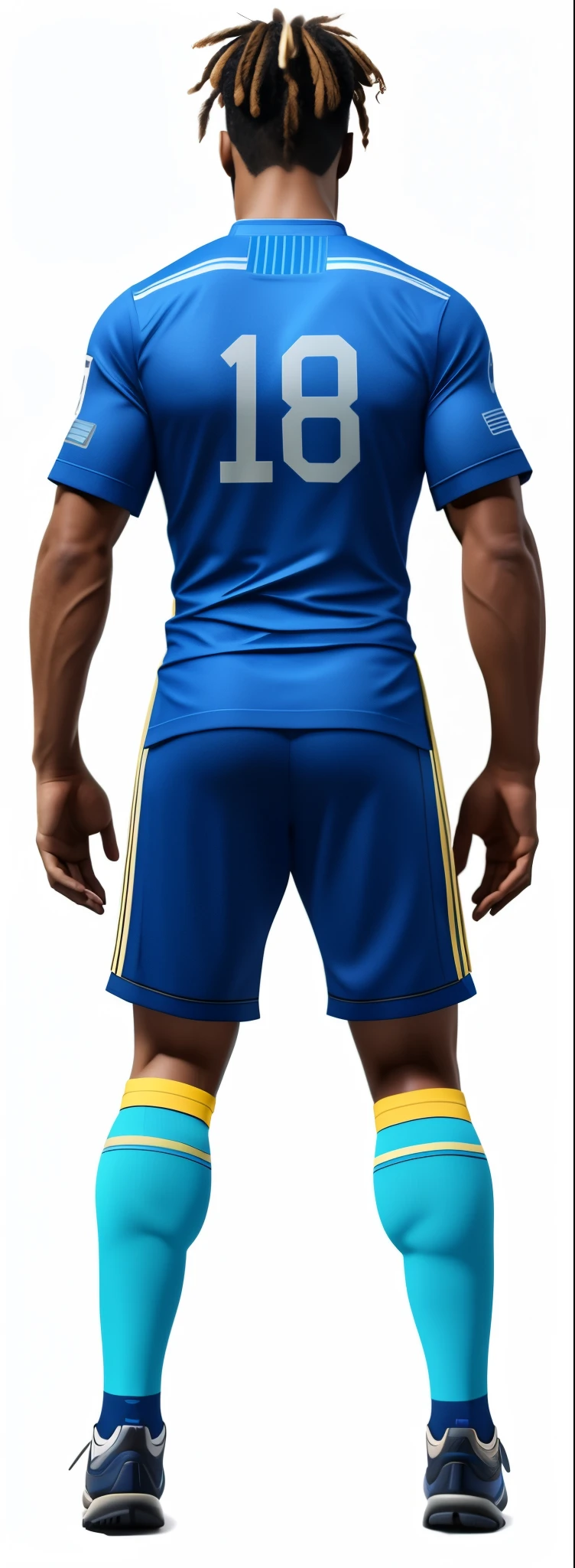 身穿blue uniforms、Image of French and German football player with dreadlocks hairstyle, blue uniforms, Centered full body rear shot, upper body avatar, posterior view. nuriem, full body detailing, Full body view from a distance, Inspired by William Moulay, upper body 2d game avatar, Edited, full body detailing, Blue and gold, Application of 8k in game images, super detailing, acurate, Best quality at best, high qulity, ctextured skin, tmasterpiece, super detailing, A high resolution, Best quality at best, hyper HD