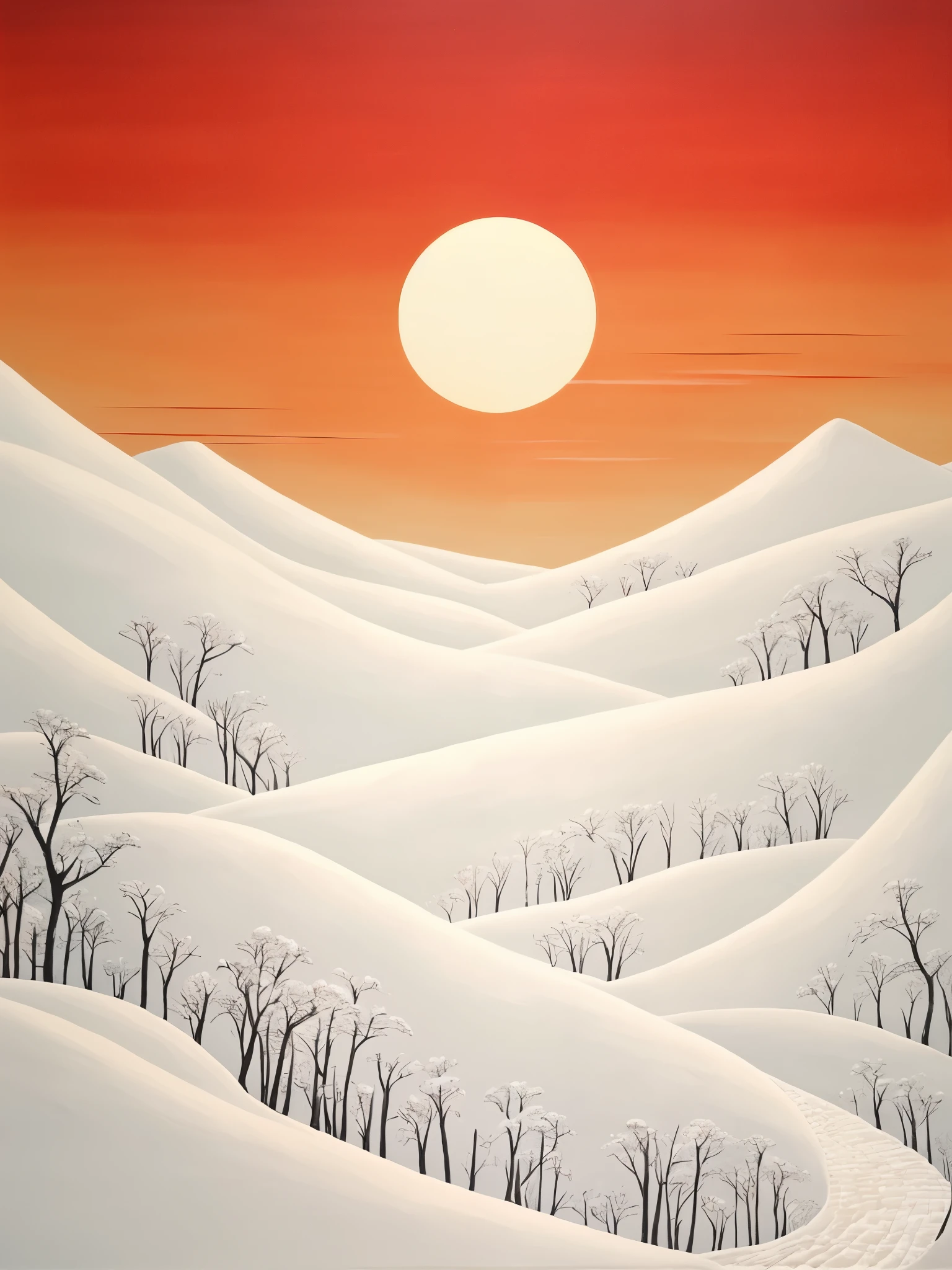 There is a painting of snow scene and red sky, A beautiful artistic illustration, Inspired by Sun Kehong, landscape artwork, sunset illustration, Inspired by Kawase lotus water, The landscape, author:Yi Yinwen, by Cheng Jiasui, by Xia Gui, Inspired by Kawase Rensui, by Xia Chang, artwork in style of sheng lam