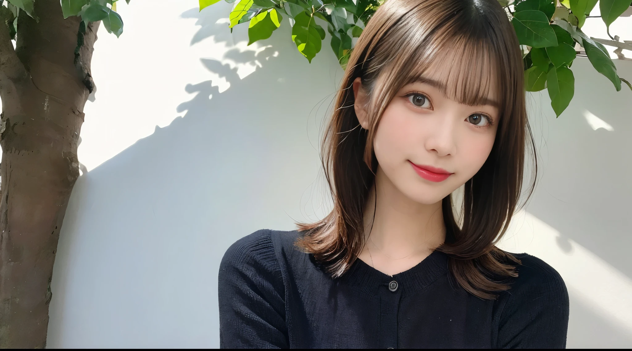 masutepiece, Best Quality, Illustration, Ultra-detailed, finely detail, hight resolution, 8K Wallpaper, Perfect dynamic composition, Beautiful detailed eyes, she is wearing black work clothes,Medium Hair,Natural Color Lip, Smile,Harajuku、20 years girl、One person's bust-up photo、Cute、is looking at the camera、C Cup、Brown hair、with a pure white background