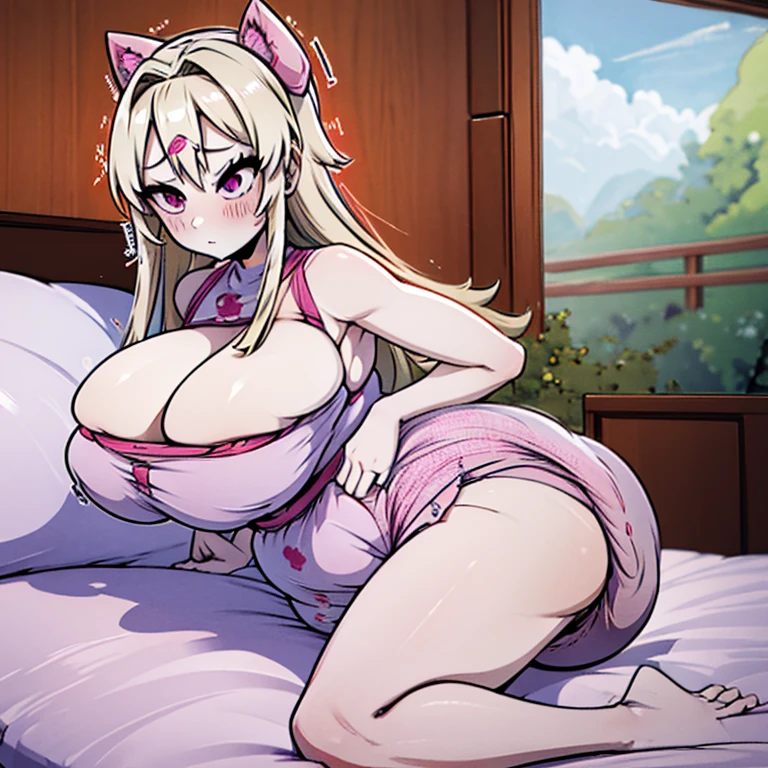 Tsunade Senju, 1 girl, (bimbo))), grabbing ass, mature mom, wide hips, thick thighs, huge ass, Enormous bloated expanding saggy diaper mess about to burst, huge overflowing breast, orgasm relieved expression, pink bra, in my bed, trying to hold but diaper is inflating bigger and bigger and bigger