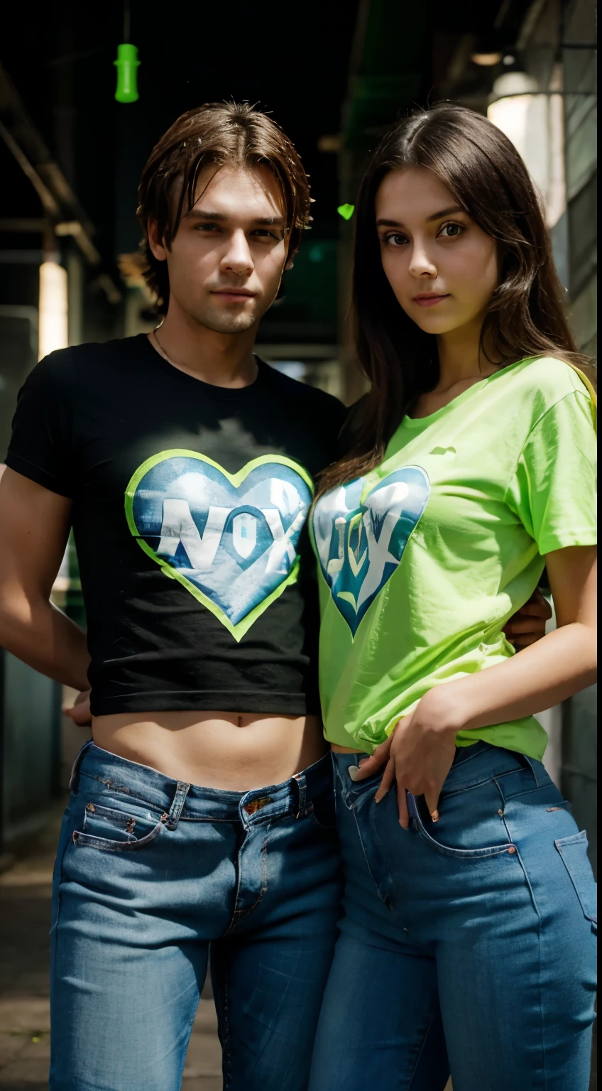 3 d couples standing, wearing tshirt and jeans, cute face, big charming eyes, dark background, both holding two green fluorescent heart in thier hands with rays