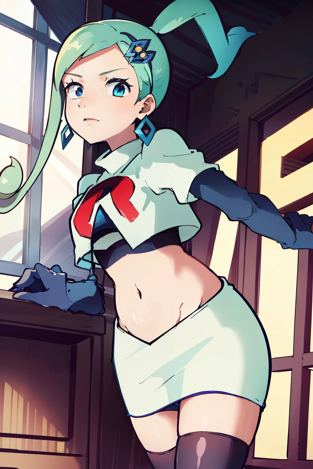 AALISIA,LONG HAIR,ASYMMETRICAL HAIR,SIDELOCKS,HAIR ORNAMENT,EARRINGS,1girl, solo,team rocket,team rocket uniform,white skirt,red letter R,crop top,black thigh-highs,black elbow gloves