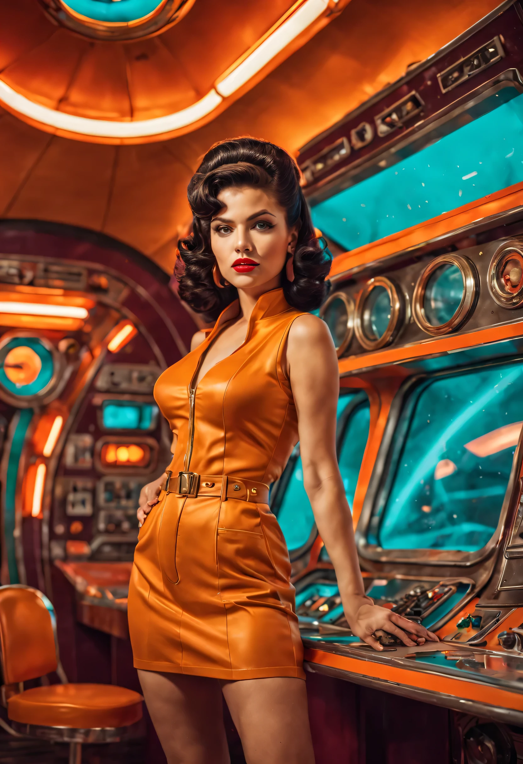 Design a sensual and adventurous 70s pin-up character in a vibrant environment., Retro sci-fi setting. Embrace the pulp aesthetic with bold colors, dynamic poses, y un toque de misterio. Make her the iconic heroine of a thrilling space-age adventure..!,Foto R3AL