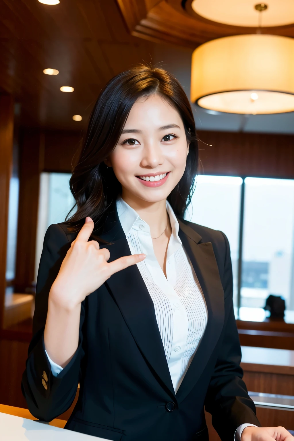 Raise your hand,(((Inside the company)))、Wearing a business jacket,Wear a shirt,look at the camera with a smile、(Panties:1.5)、woman, 20-year-old, Short Hair,私のPantiesを露出させてください...、(レースのPantiesー)、(Tilt your head a little)、Detailed skin、Detailed skin、Detailed Sweat