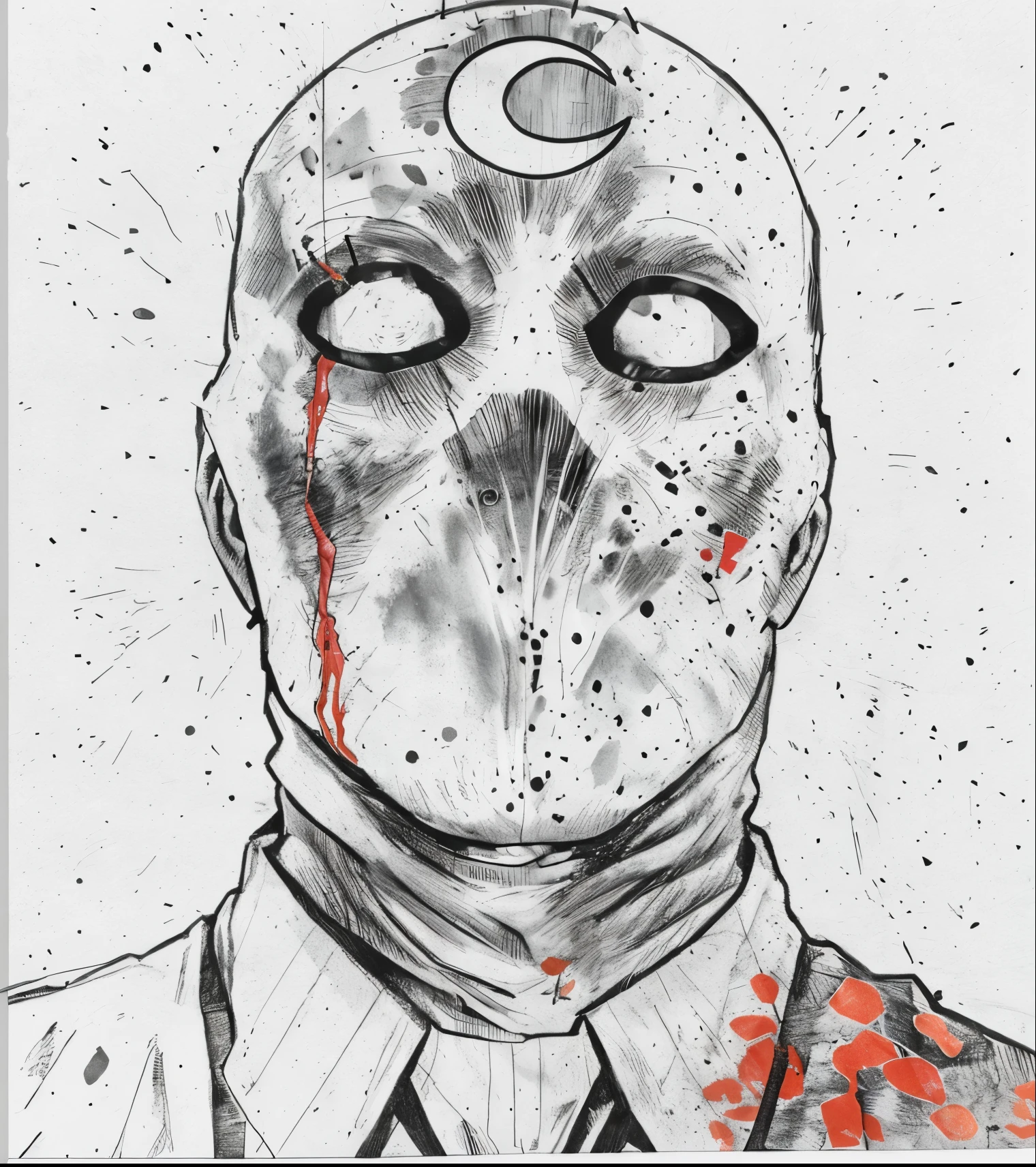 a close up of a drawing of a man with a bloody face, moon knight, moon knight, with no face, twisted god with no face, ghost mask, viscera splattered, photo of scp-173, white mask, highley detailled face, twoface, no face, inspired by Mike Mignola, image comics