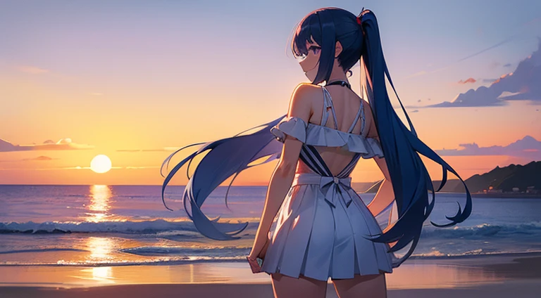 Wearing a white swimsuit, Skyline, sunset, Silhouette against a cloud background, meditation. Watching the beautiful sunset, sunset時に,