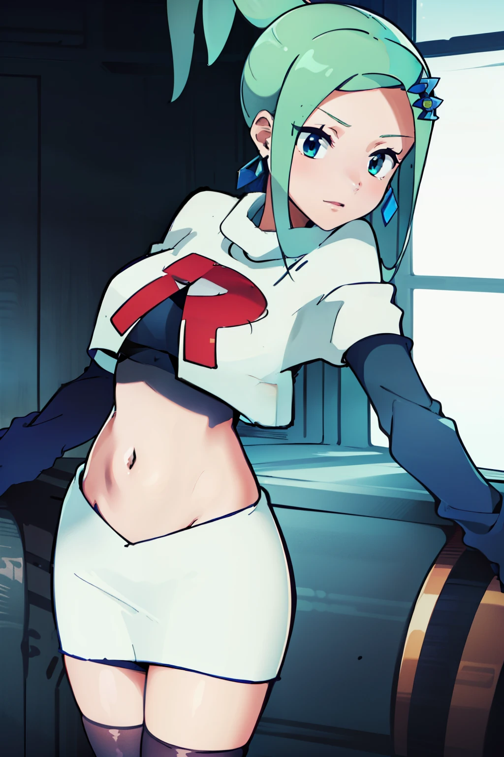 AALISIA,LONG HAIR,ASYMMETRICAL HAIR,SIDELOCKS,HAIR ORNAMENT,EARRINGS,1girl, solo,team rocket,team rocket uniform,white skirt,red letter R,crop top,black thigh-highs,black elbow gloves