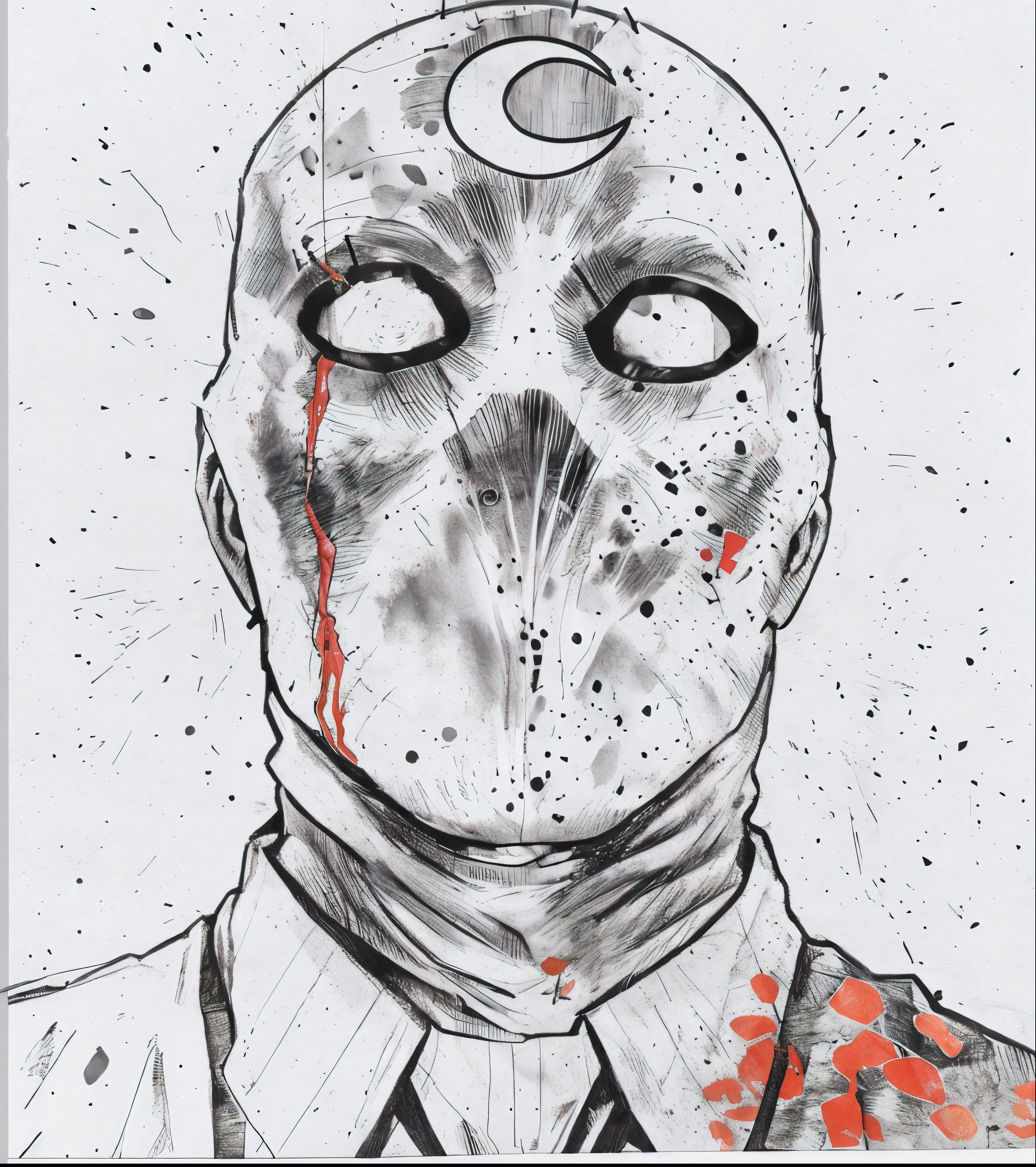 a close up of a drawing of a man with a bloody face, moon knight, moon knight, with no face, twisted god with no face, ghost mask, viscera splattered, photo of scp-173, white mask, highley detailled face, twoface, no face, inspired by Mike Mignola, image comics