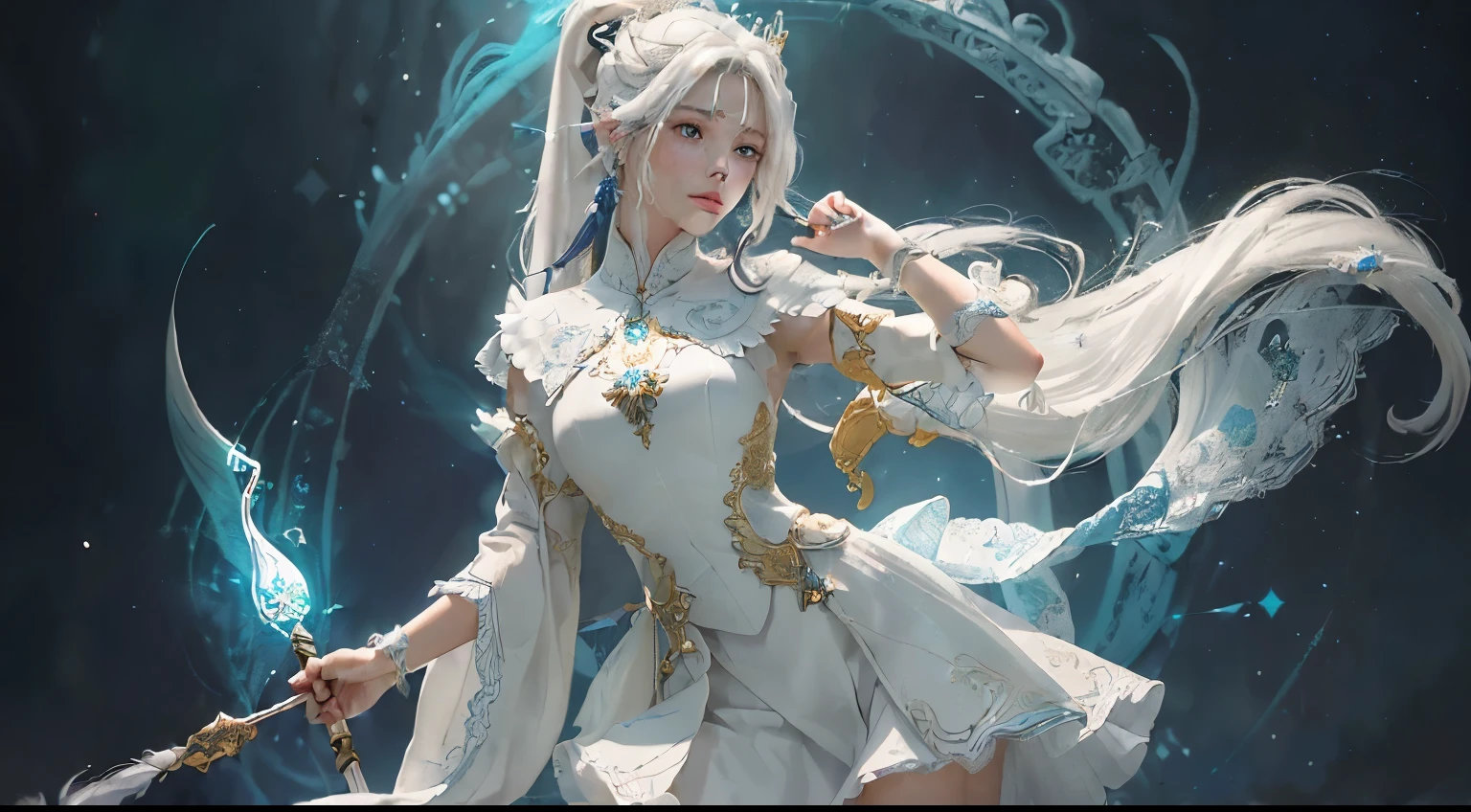 contrapicado of a woman with white hair and white mask, Hermosa pintura de figuras, (Imagen de pie de cuerpo completo:1.8), ( cuerpo completo :0.3), (hiperrealista:1.4), (realista:1.3), (La mejor calidad piel textura real.), (Hermosa hada veterana maga :1.7), (He holds a straight staff with elaborate decoration that emits a mysterious glow..: 1.9), (Finely detailed true circle. Symmetrical and beautifully drawn face..), ((Mundo medieval)),Guviz, Ilustraciones de estilo Guvitz, Dios de pelo blanco, Yang J, Epic art of fine characters., amazing character art, Fan Qi, Wu Zhun Shifan, Gu Vitz at pixiv art station, contrapicado de  una mujer de pelo blanco, Hermosa pintura de figuras, Gu Viz, Obra de arte estilo Gu Vitz, dios del pelo blanco, Yang J, Epic art of fine characters., amazing character art, Fan Qi, Wu Zhun Shifan, Guvitz in pixiv art station, cuerpo femenino perfecto, (((camiseta blanca ajustada))), Hermosos ojos, orejas de elfo, (cara delicada), por el blanco, cabello atado, (((two ponytails))), Claro, piel glasseair con borde de seda negro), (Better lighting), (super-complex details), unidad 4k, (super detallado costrando piernas justas, vestido corto, con botas,