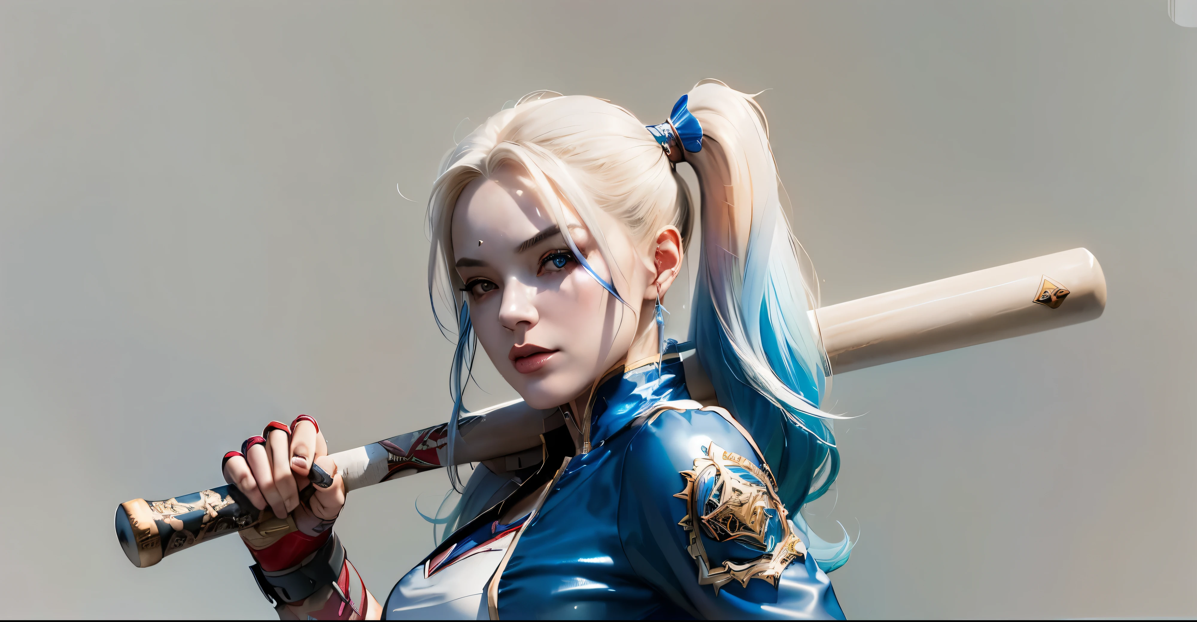 There was a woman,Bats in hand,Wearing a blue wig, extremely detailed Art germ, Art germ julie bell beeple, by ruan jia and stanley Art germ, Wojtechfors, ross tran 8 k, Art germ. high detal, artist Art germ i and wlop, ross tran and Art germ, Stunning character art