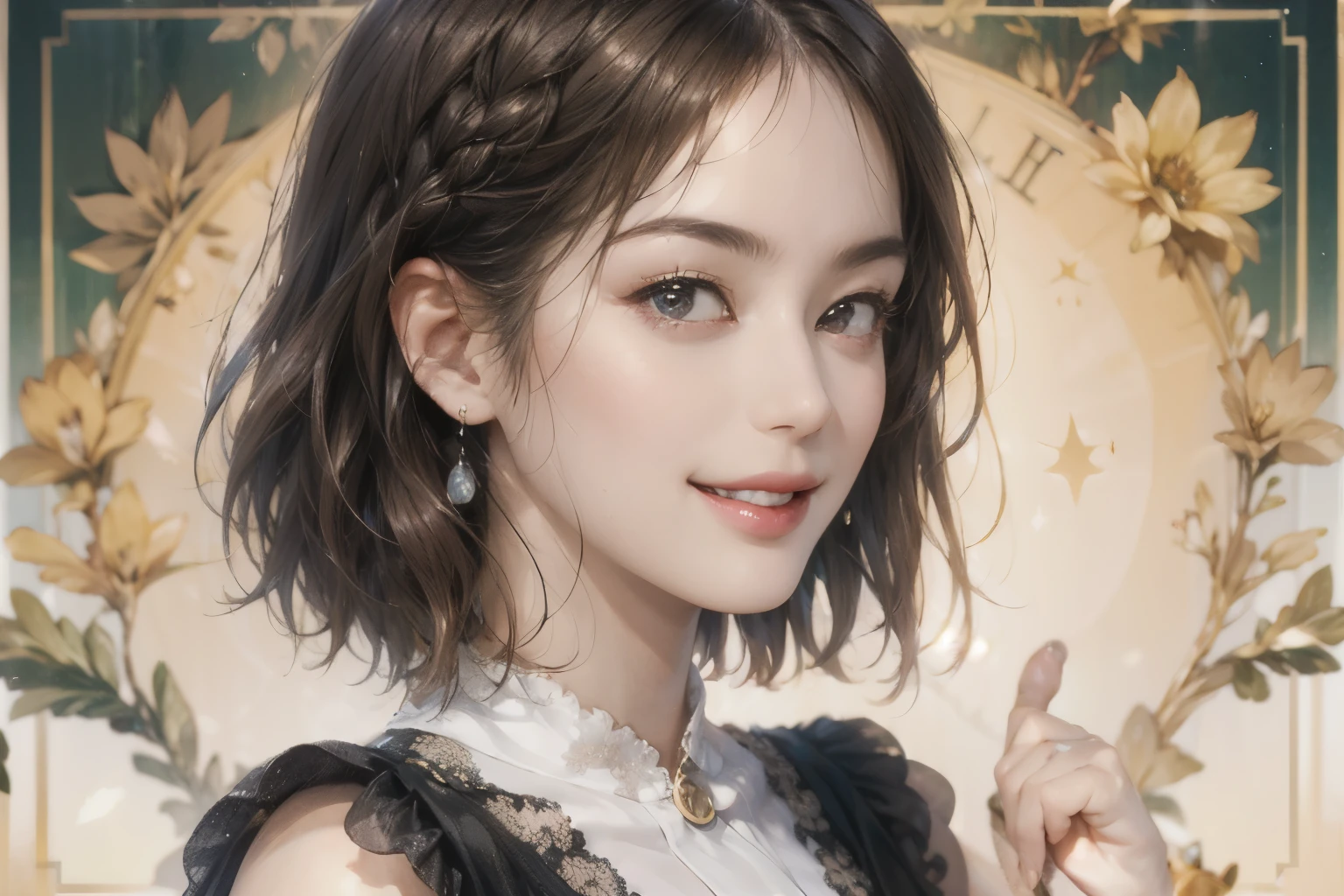 A close up of a woman with a flowered dress and a necklace - SeaArt AI