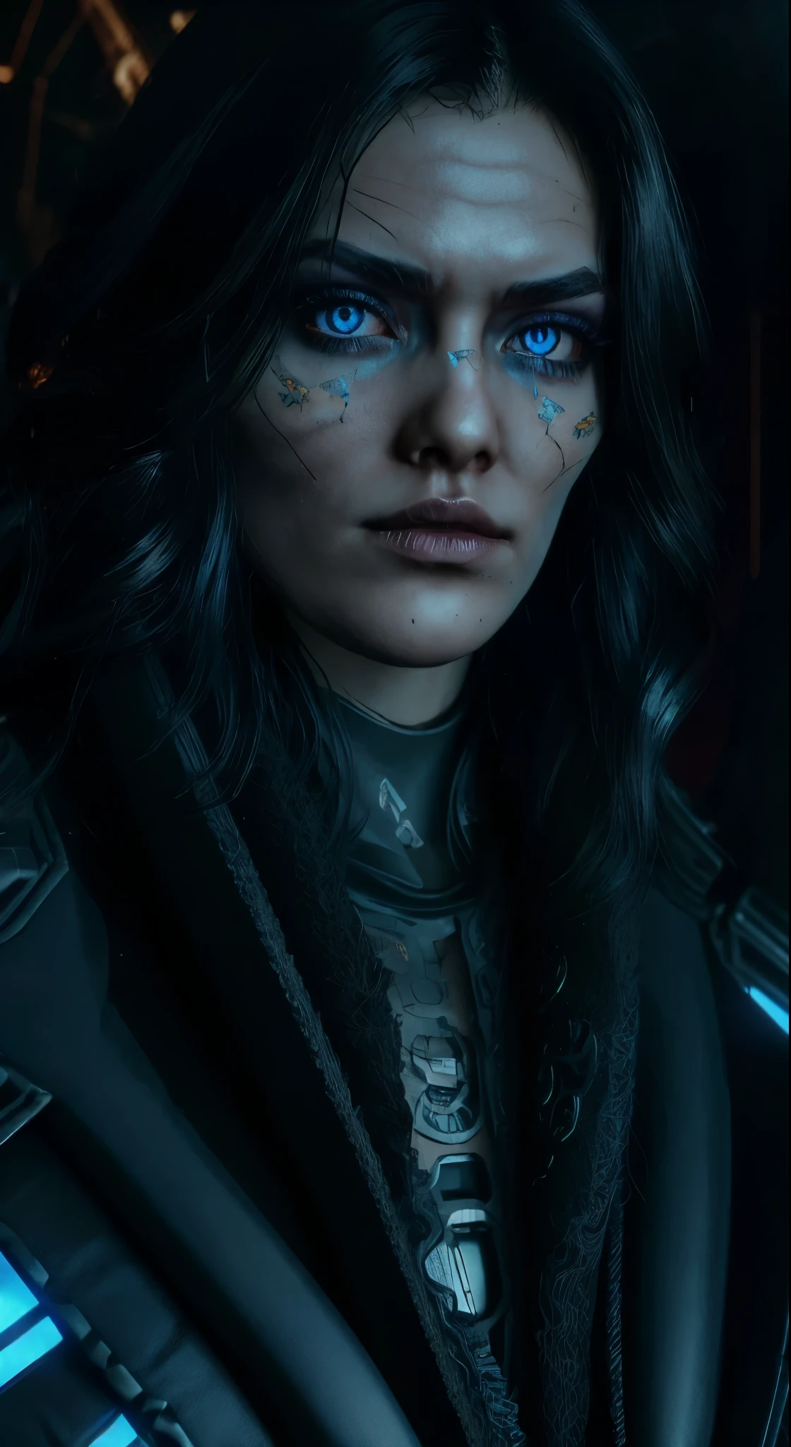 (best quality, highres, vivid colors), (cyberpunk:1.2), (portrait:1.1), (futuristic:0.9), (long dark hair), (intense gaze), (smoky eye makeup), (piercing blue eyes),((massive perfect breast)),((dark atmosphere)),(metallic armor), (high-tech accessories:1.1), (glowing tattoos), (cityscape background), (neon lights), (dystopian atmosphere), (mysterious aura), (strong and confident posture), (magical powers), (dark and edgy), (fierce expression), (determination in her eyes), (powerful spellcasting), (electricity sparks), (enhanced cybernetic enhancements:1.2), (stylized weaponry), (futuristic fashion), (striking visual effects), (raindrops falling), (rebellious spirit), (sharp and detailed features), (steampunk elements), (cinematic composition), (dominant presence), (dynamic and energetic), (captivating beauty), (dark and alluring).