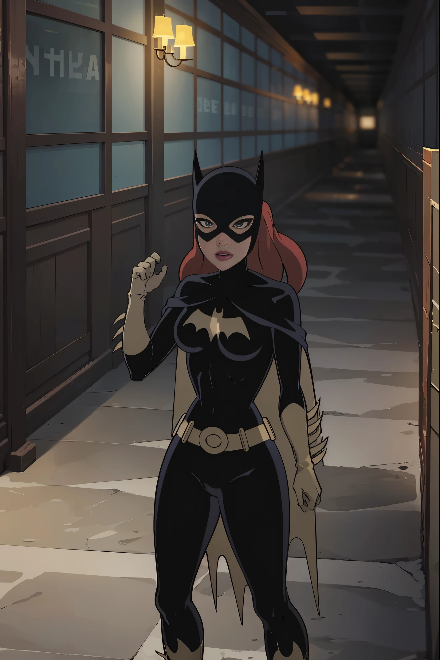 ((whole body view)), Batgitlfit, cabelos muito longos, cabelos ruivos, cabelo entre os olhos, rabo de cavalo alto, Fechaduras laterais, olhos azuis, Batgirl, roupas brilhantes, impossible bodysuit, pele apertada, saia, Olhando para o Viewer apavorada, (pernas musculosas:1.3), ((Acuada e capturada por bandidos na cadeia))