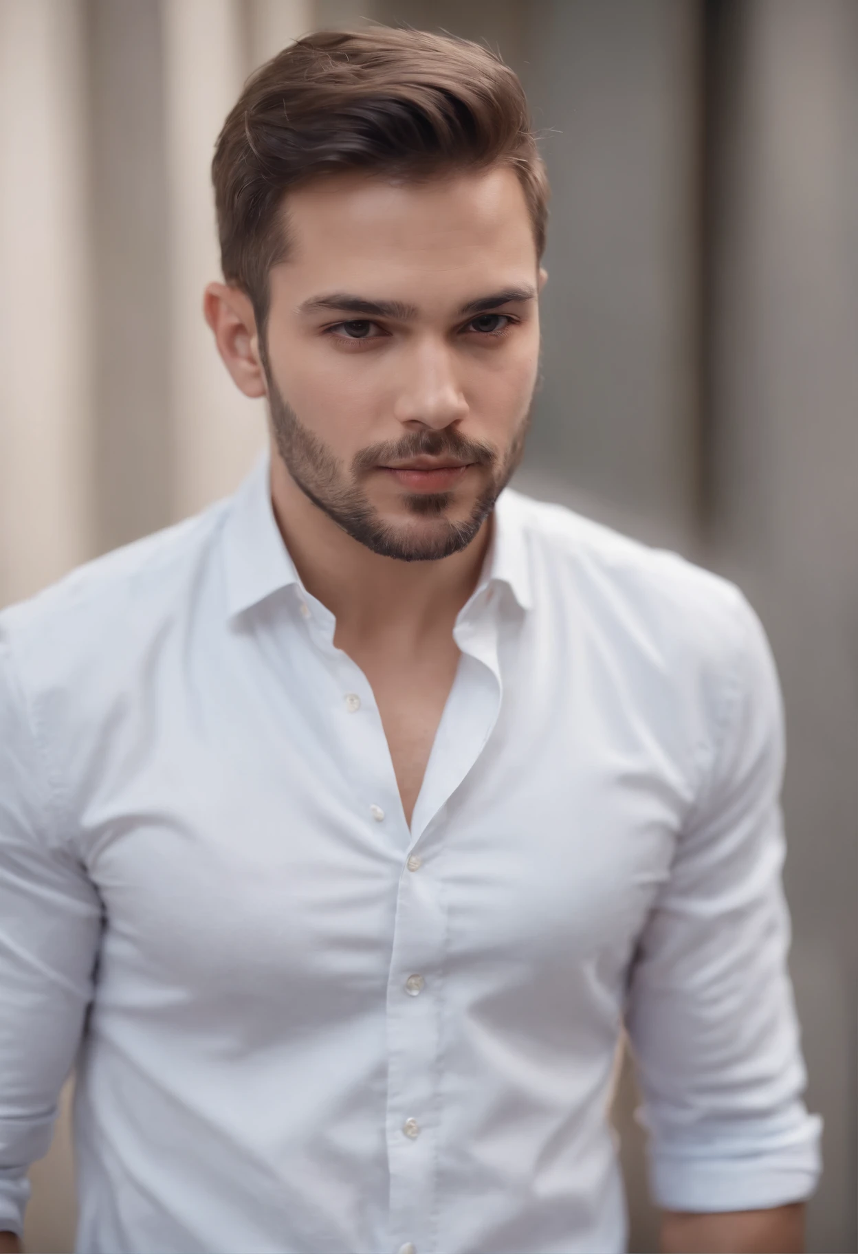 de 25 anos, camisa branca,cabelo sedoso e desarrumado, barba clara, looking in camera, Meio Corpo,Pose reta, perfect lighting, sombra profunda, best quality, masutepiece, 超A high resolution, fotorrealista, Average body type,
