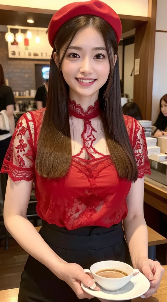 detailed, 8K, photorealistic, ideal ratio body proportions, ((Japanese girl)), {middle breasts}, {{{{red beret}}}}, {{{{{shirt burst at seams}}}}}, {black eyes}, (big beady eyes), {{see-through lace blouse}}, {{{red lace shirt}}}}, {{{sharp focus}}}, {very tight shirt}, (straight hair), (((natural smile))), 21 years old, Natural lightingred, in coffee shop, sit, little chubby