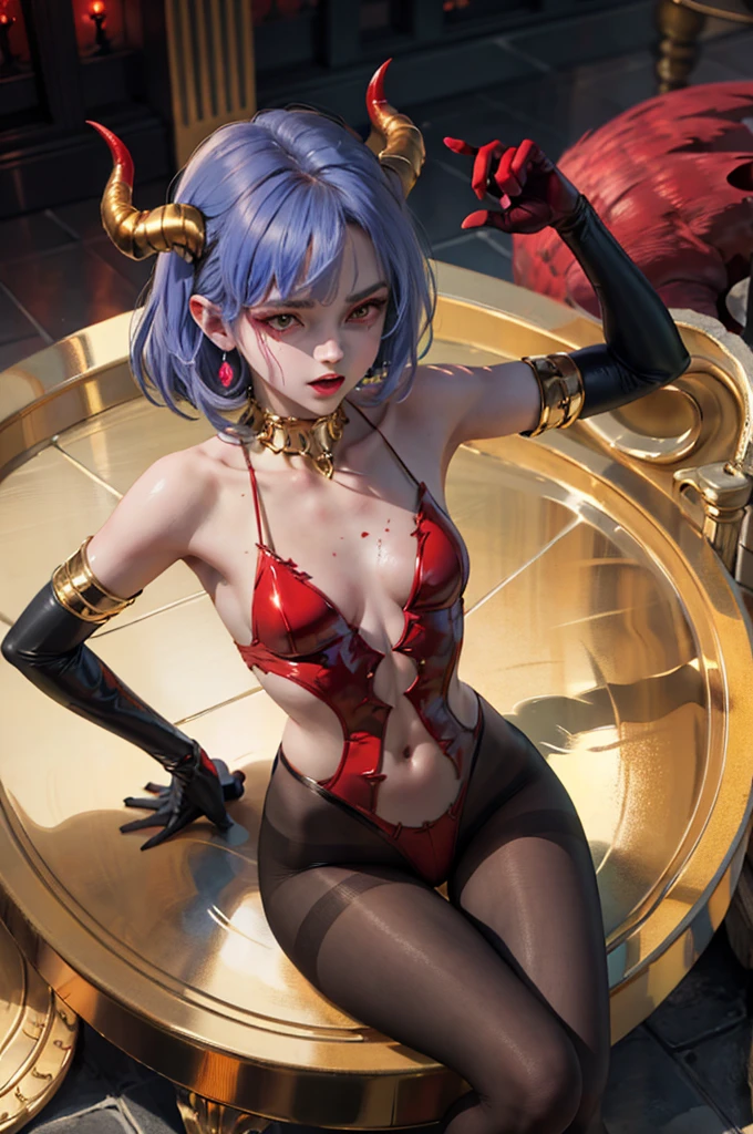 (masterpiece: 1.2, best quality), (1 , solo), Emma Watson, small breasts, (Dynamic posture), (bright skin, crimson red skin), crimson red skin, demon girl, red skin, thin and lacy gloves, ( small demonic horns:1.1), (Lilith \(Darkstalkers\)), (heaven), fringe, (jewelry, golden ornament:1.15 ), large pelvis, blue (pantyhose:1.1)