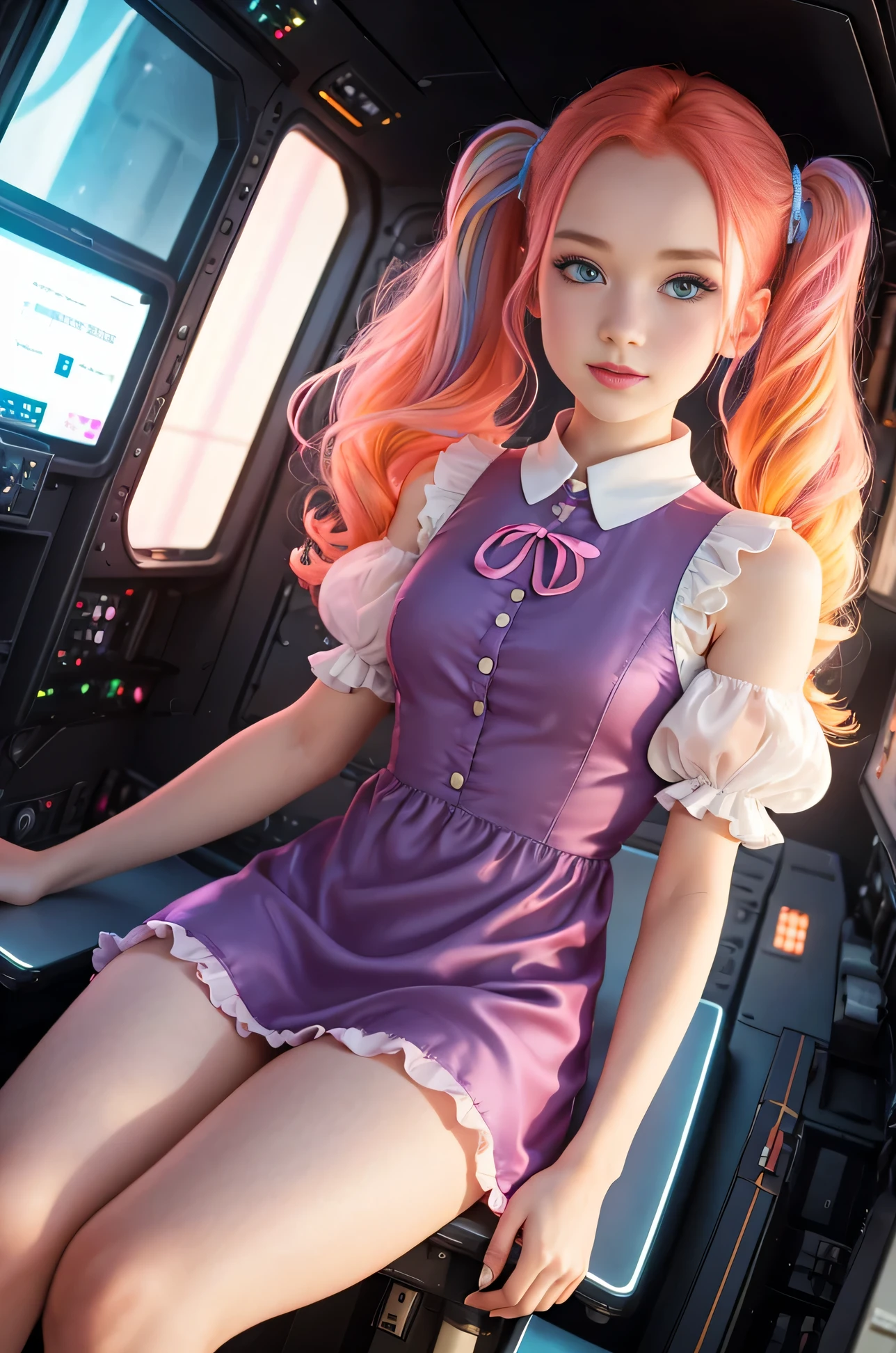 (overhead view) Cute redhead with rainbow colored hair tips, ribbons in her hair, 18-year-old woman, happy, smiling, in twin tails, perfect eyes, clear sparkling blue eyes, pale skin, silky smooth white skin, alabaster skin, flying a fancy metal luxurious space ship, futuristic cockpit, she's a pilot, outer space seen in windows, dark warm lighting, wearing a futuristic (chemise) party dress, low cut top, pleated (chemise) mini dress (pastel rainbow colors, and polka dots), puffy sleeves, silk, pantyhose.