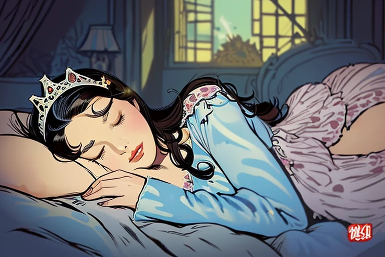 ink illustration, “Sleeping Beauty”, Grimm Fairy Tales, sleeping beautiful princess, (((wearing night gown, tiara))), (((small bust, sleeping on bed for hundred years))), (((american comic style, art by J. Scott Cambell)))
