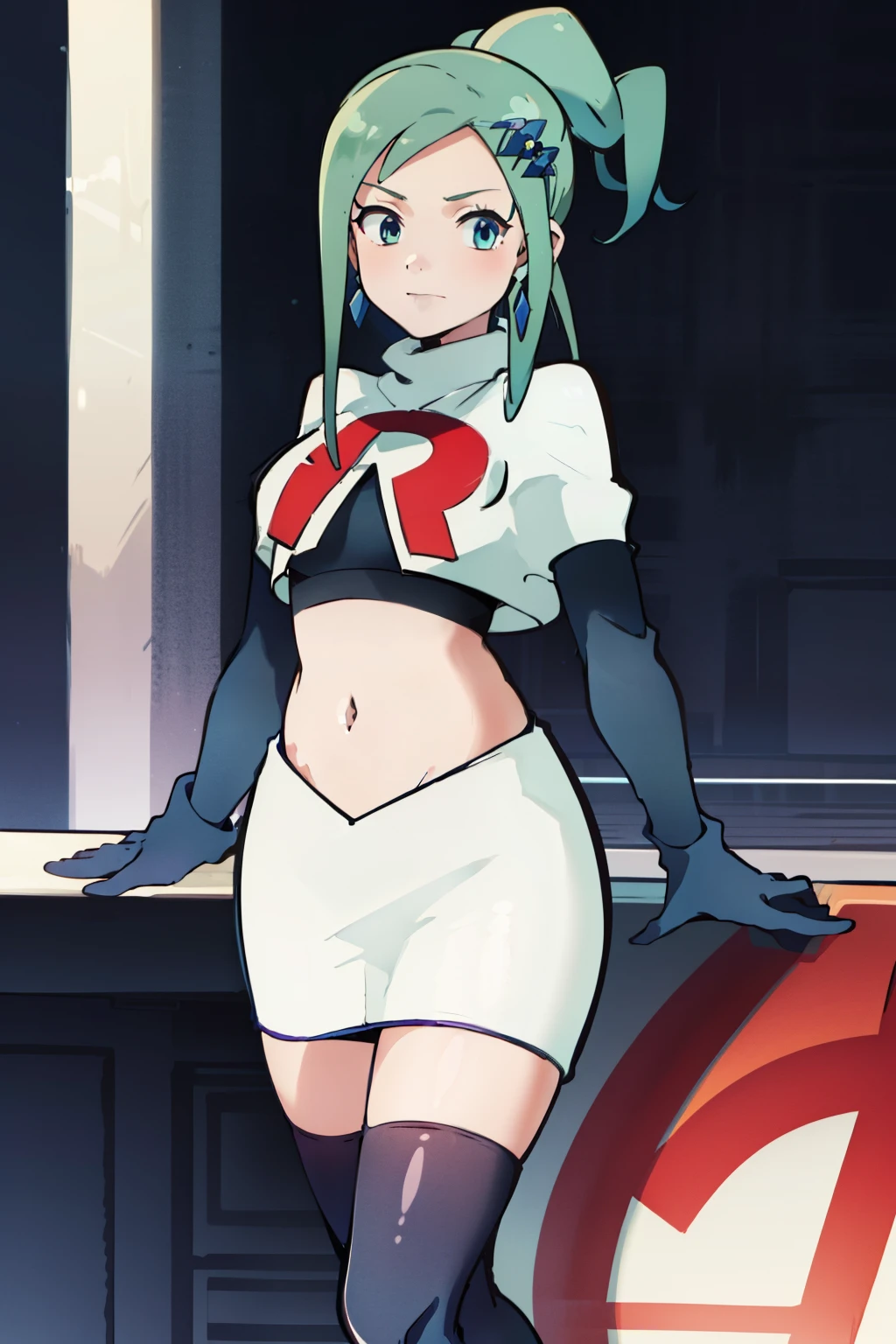 AALISIA,LONG HAIR,ASYMMETRICAL HAIR,SIDELOCKS,HAIR ORNAMENT,EARRINGS,1girl, solo,team rocket,team rocket uniform,white skirt,red letter R,crop top,black thigh-highs,black elbow gloves
