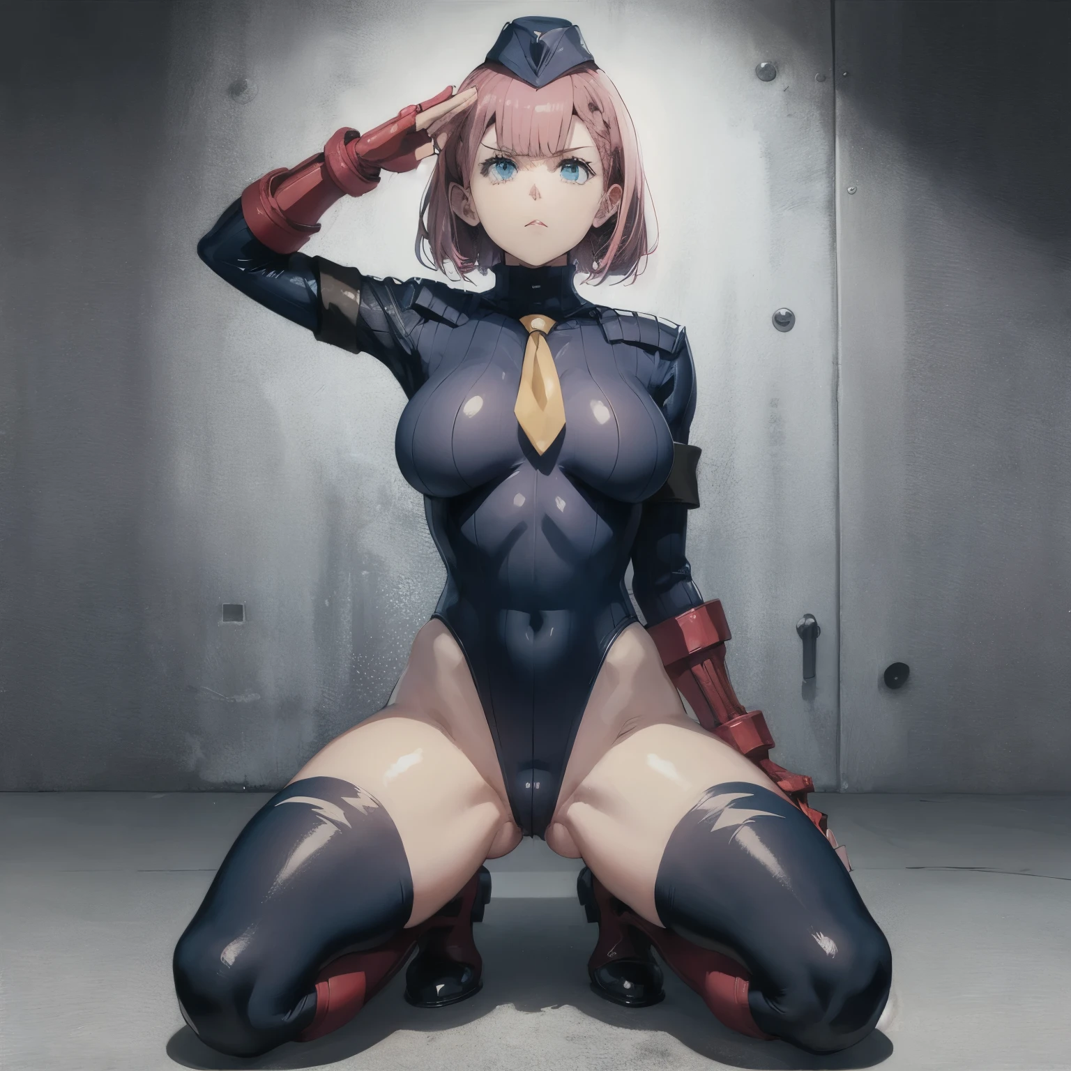 ultra-detailed, Explicit, Beautiful body, Beautiful Nose, Beautiful character design, perfect eyes, perfect face, ultra highres, 4K, beautiful legs, perfect legs, Nice hands, Perfect hand, Masterpiece, Best Quality, Highly detailed, illustration, absurdres, street fighter, doll suit, shadaloo doll, dollsuit, expressionless, blank eyes, looking at viewer, red gloves, emotionless, black latex, corrution, mind control, female combatant, full body, hypnotized, unhappy trance, full body suit, ribbed bodysuit, both arms at side, obey, perfect female body, extremely glossy latex, hypnosis, hypnoLora, empty eyes, Mind control device, poses, submissive_pose, Slave, hat, necktie, ssitting, sitting at attention, hat, necktie, belt, latex, ribbed bodysuit, thighhighs, garter belt, Fighting Stance, extending the right arm from the shoulder into the air with a straightened hand, nazi saluting, military, military saluting, salute, thigh boots, solo, 1girl, We Never Learn, Mafuyu Kirisu, pink hair, long hair, blue eyes