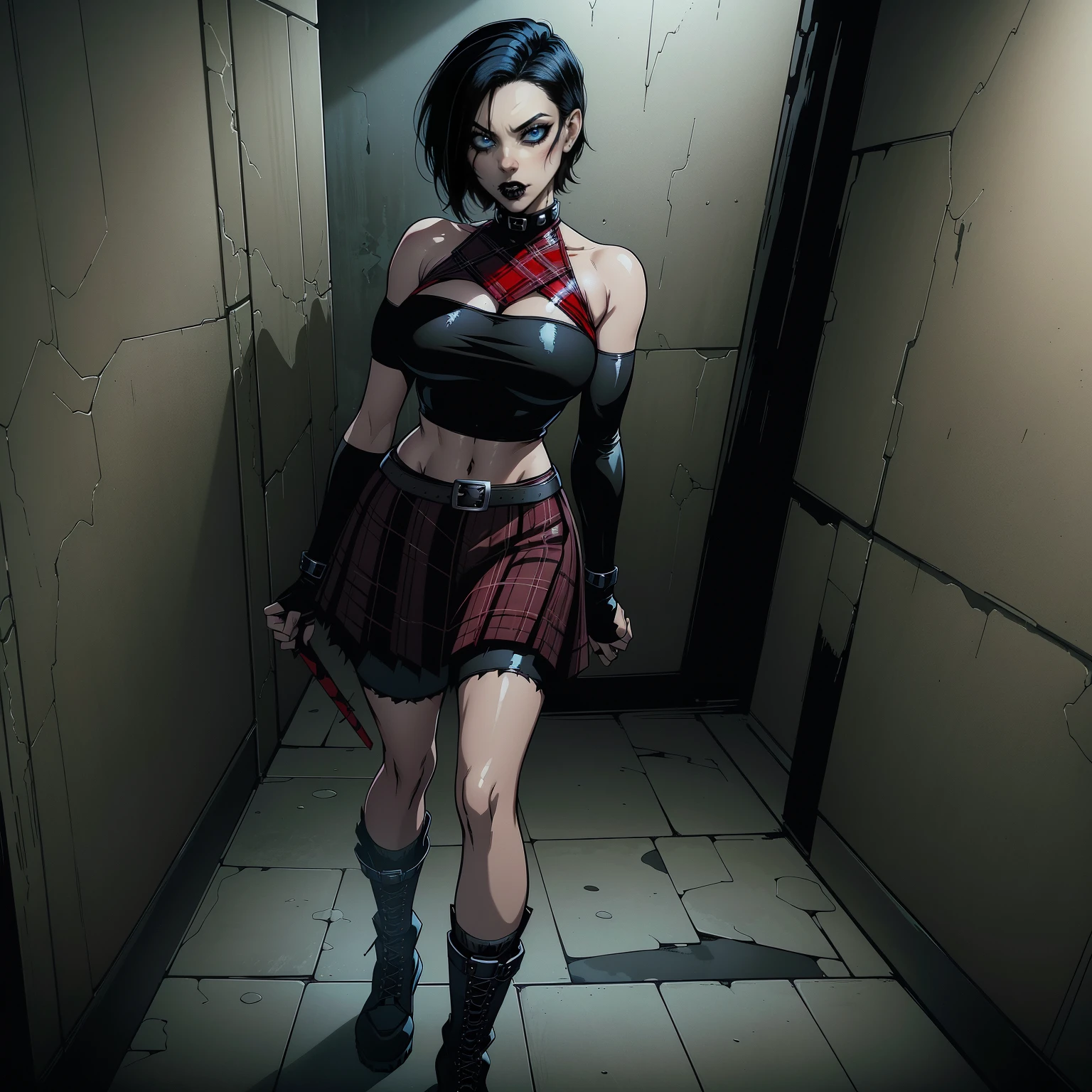a woman with short black hair, hair on shoulders,  wearing a black cropped  and plaid skirt, blue eyes, zombie art, gothic art, cute aesthetic with vibe, toon aesthetic, wearing red costume, wearing gothic accessories, look like Cassie Hack, whole body, walking on the skrulls