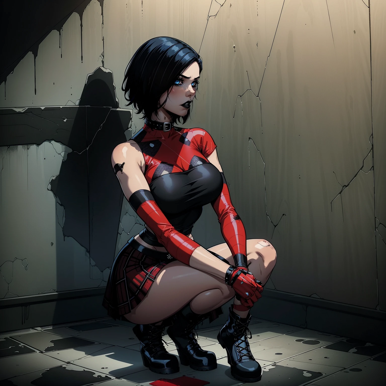 {-erro_de_anatomia:1.0} a woman with short black hair, hair on shoulders, wearing a black cropped and plaid skirt, blue eyes, zombie art, gothic art, cute aesthetic with vibe, toon aesthetic, wearing red costume, wearing gothic accessories,  Cassie Hack,  hack/slash comic.wearing long red and black striped socks and black boots, whole body, sitting on the floor