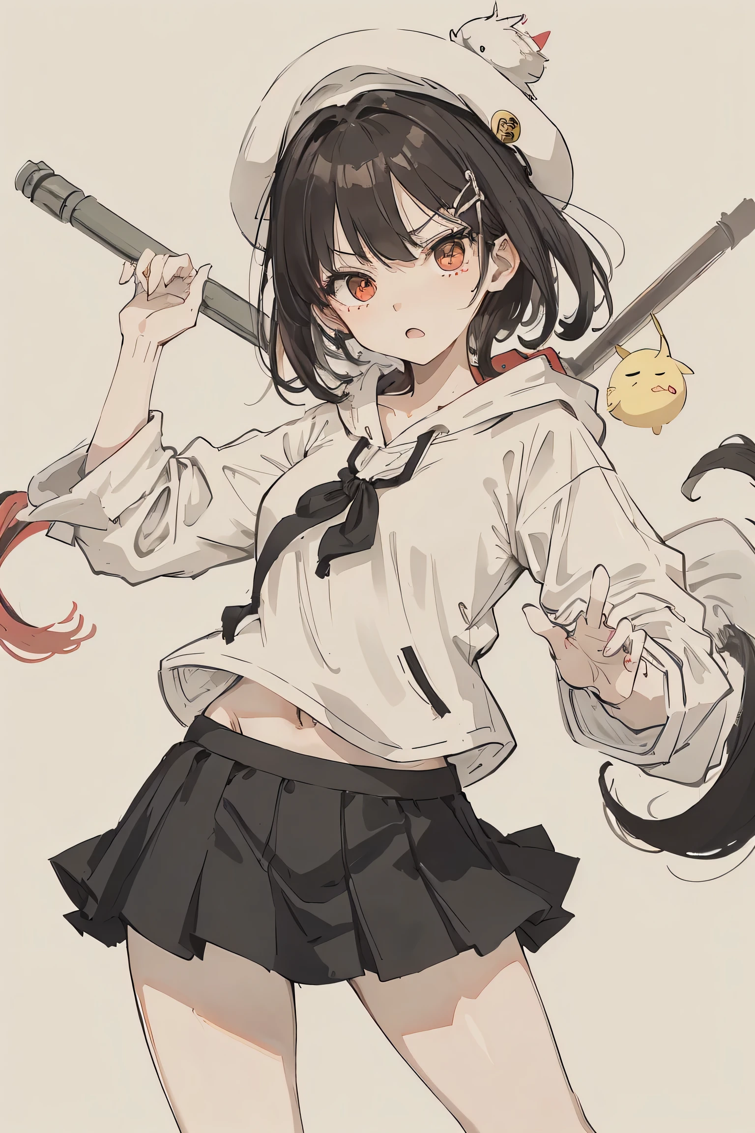sparrow, a black haired girl, wearing a white hoody, short hair, messy hair, black skirt, yellow hoody, slim body, she have a handycam, small breasts, she close her left eye, shirt ornament, white beret, angry expression, red eyes