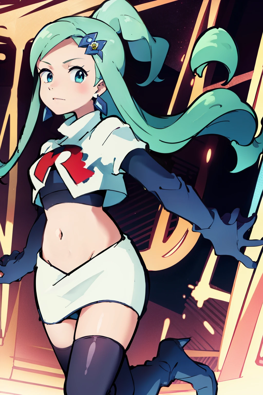 AALISIA,LONG HAIR,ASYMMETRICAL HAIR,SIDELOCKS,HAIR ORNAMENT,EARRINGS,1girl, solo,team rocket,team rocket uniform,white skirt,red letter R,crop top,black thigh-highs,black elbow gloves