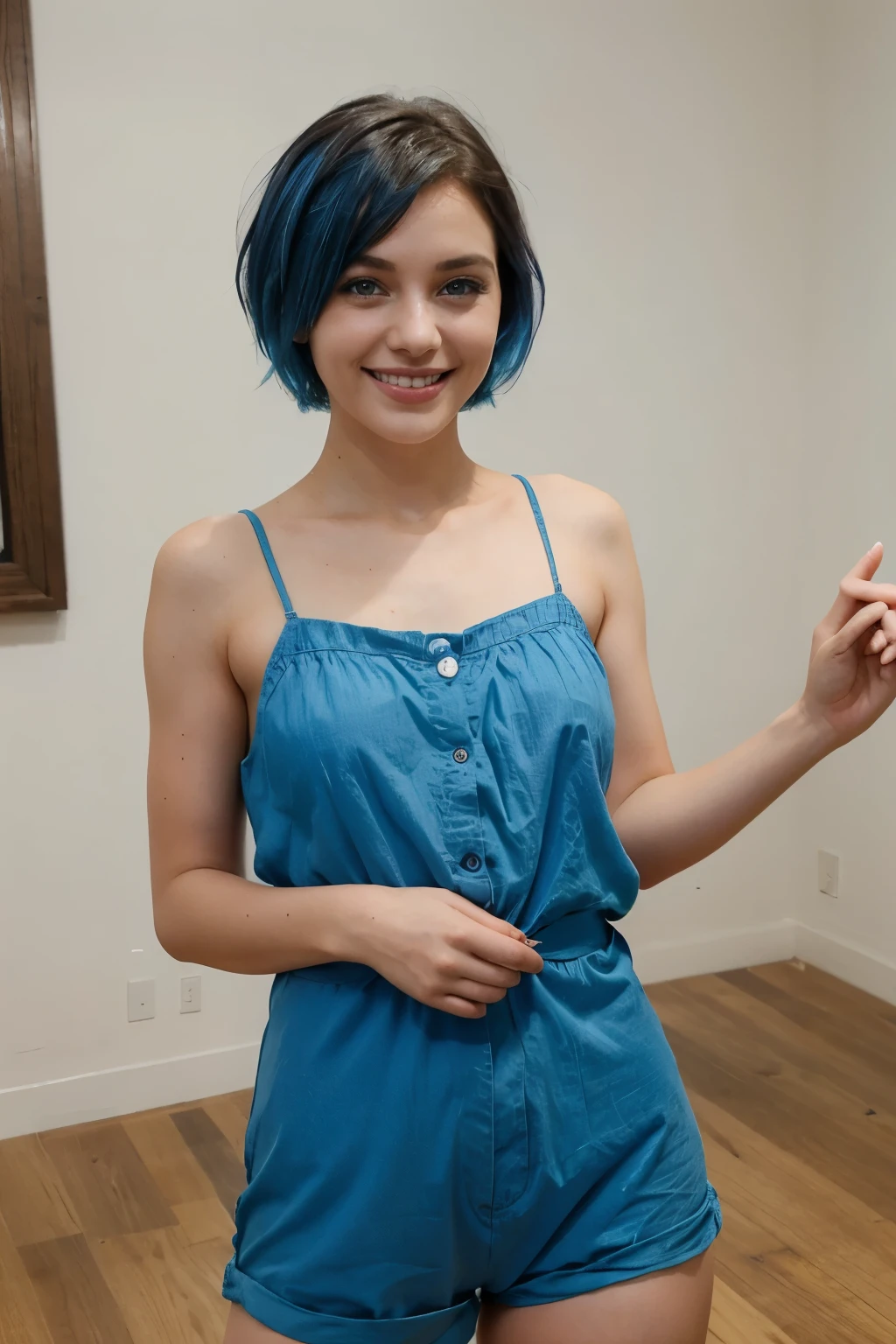face, consistent face, short hair, blue hair, beautiful eyes, high detailed eyes, gorgeous, elegant ,model, fashion, stylish, 2024 fashion, western, happy, natural light, realistic, ultra realistic, high quality, full body, high heals, model pose, natural body, in door, natural light, realistic casual outfit, wide shot, one character, nice, beautiful, innocent, realistic ratios,