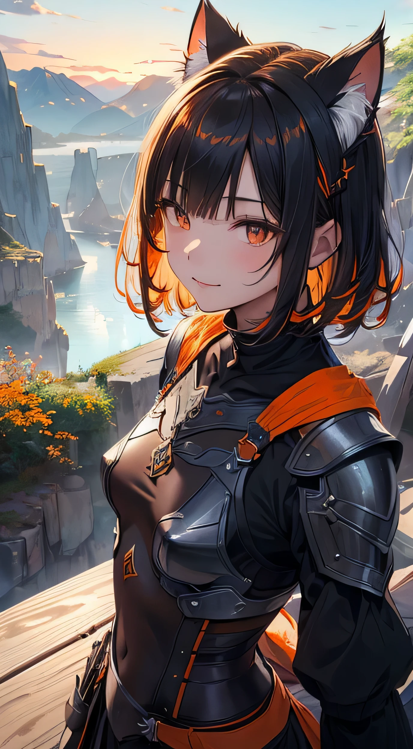 beautiful detail한 소녀, Clear and beautiful, radiant skin, girls, femele, young, 20yo, bobbed hair, short-hair, beautiful detail hair, (((Dark, Dark Night, deep night))) ((oriental iron armor, costume point color: orange, Innocent style without skin exposure)) beautiful detail, tiny boobs, Very good 8KCG wallpapers, very fine 8K CG wallpaper, watercolor (medium), female warrior, (((cat ear ))), (((Natural background, mountains, wood, cliff, rock formations))), ((plein air)), A slight smile