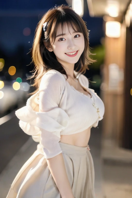 Masterpiece, Top Quality, Ultra High Resolution, Super Detail, Sharp Focus, One Girl, Alone, Amazingly Cute Japanese Model, Idol 15 Years Old, Viewer's Point of View: 1.3, (Bright Smile: 0.6) Dimples When Smiling (Dimples), Wearing (Blouse), Evening, Sunset, Night, Real, Thin, (Standing: 1.1), Nogizaka (Looking at the Audience: 1.3), Sexy Gaze, Blushing, (Upper Body Shot: 1.6), Medium Hair, Messy Hair, Asymmetrical Bangs, Light Brown Hair, Messy Hairstyle, ((Pure White Stage Costume, Hands Behind Head, Smiling, Light Clothing))