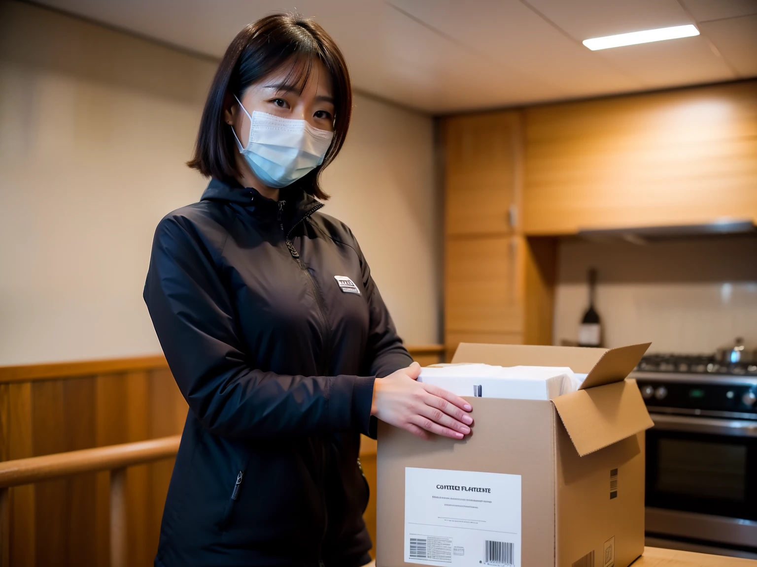 Courier, woman in her 50s receiving parcel, Japanese, entrance